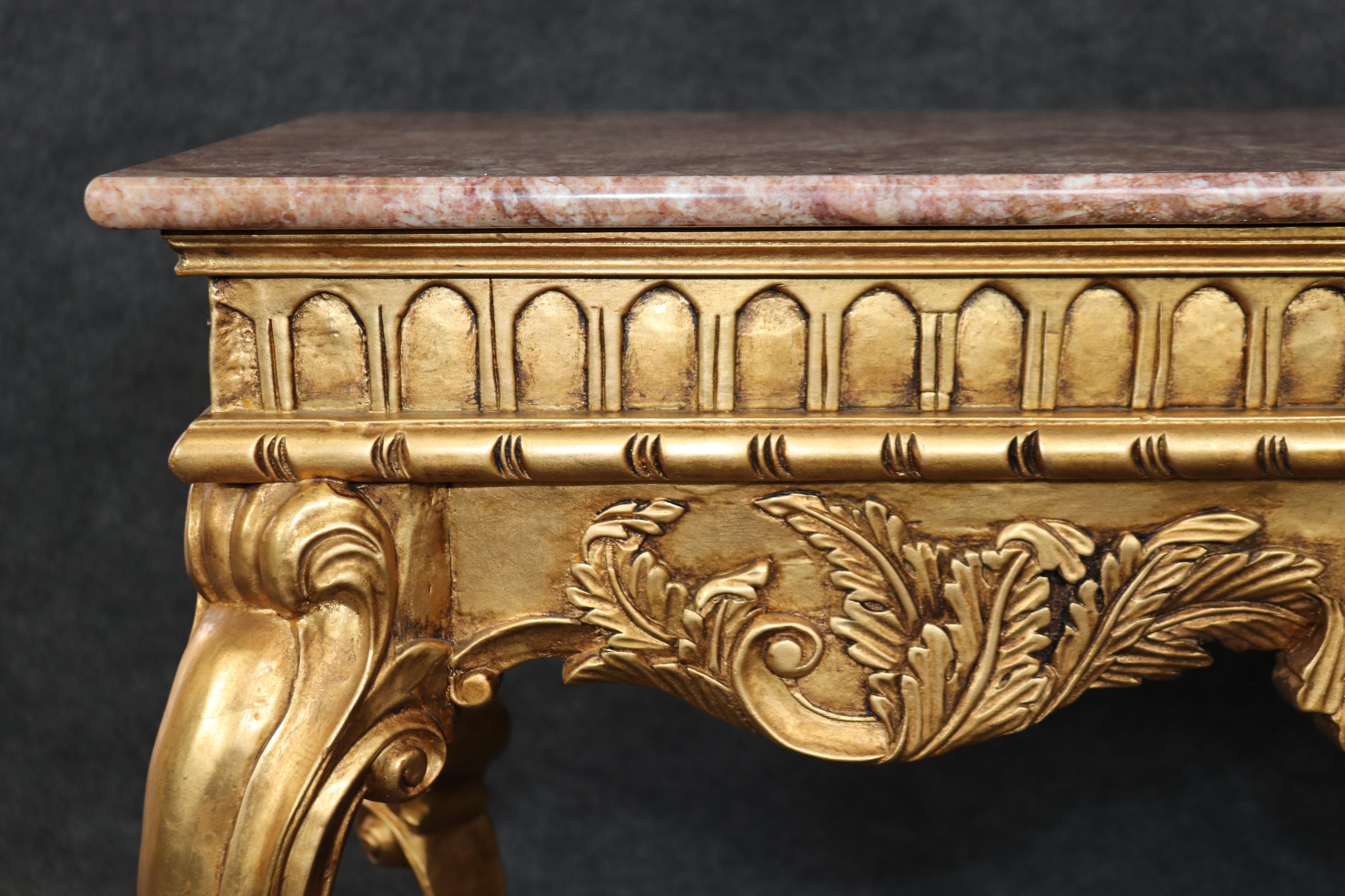 Fine Carved French Louis XV Style Parcel Gilt Marble Top Console Sofa Table For Sale 5