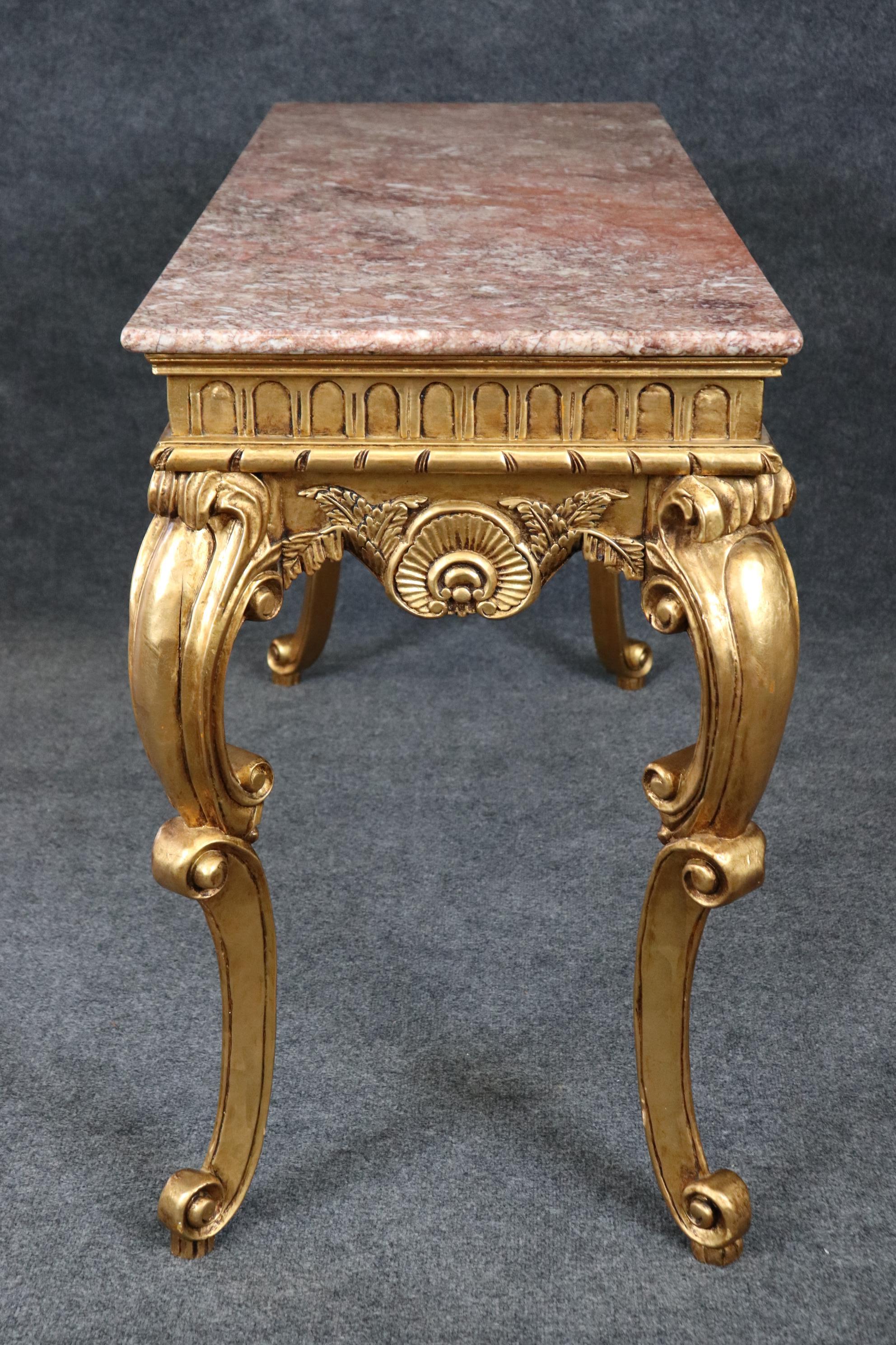 Mid-20th Century Fine Carved French Louis XV Style Parcel Gilt Marble Top Console Sofa Table For Sale