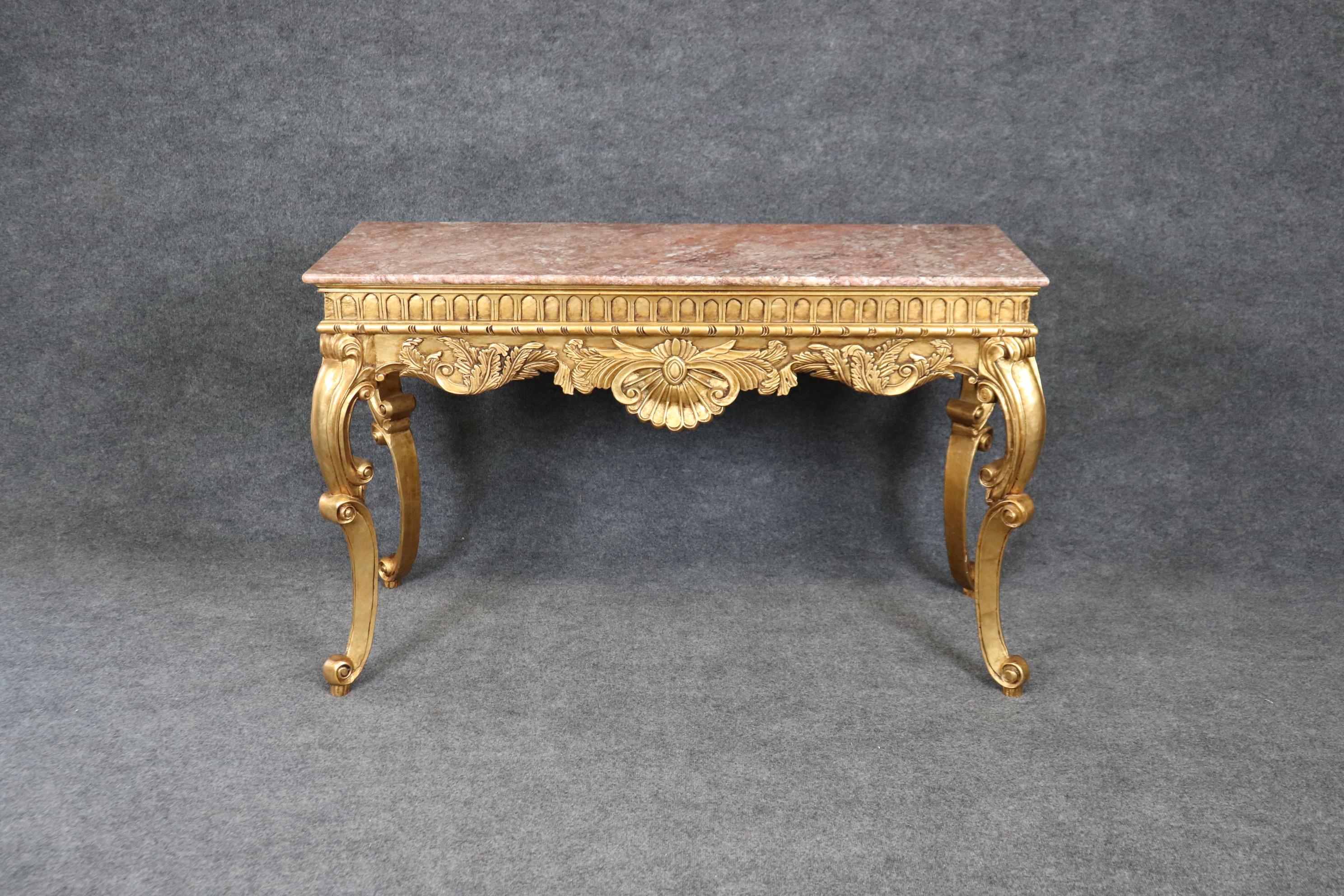 Fine Carved French Louis XV Style Parcel Gilt Marble Top Console Sofa Table For Sale 2