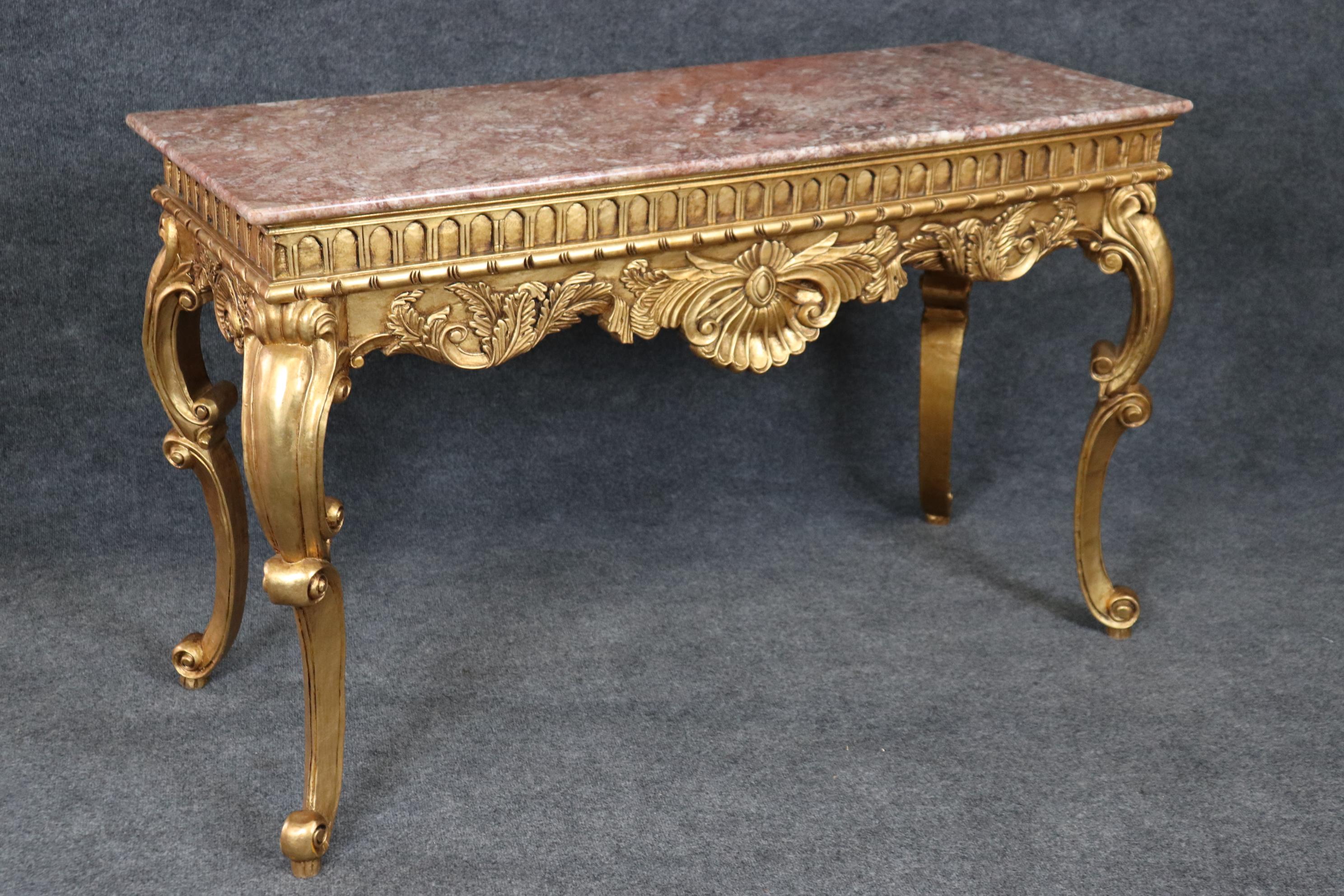 Fine Carved French Louis XV Style Parcel Gilt Marble Top Console Sofa Table For Sale 3