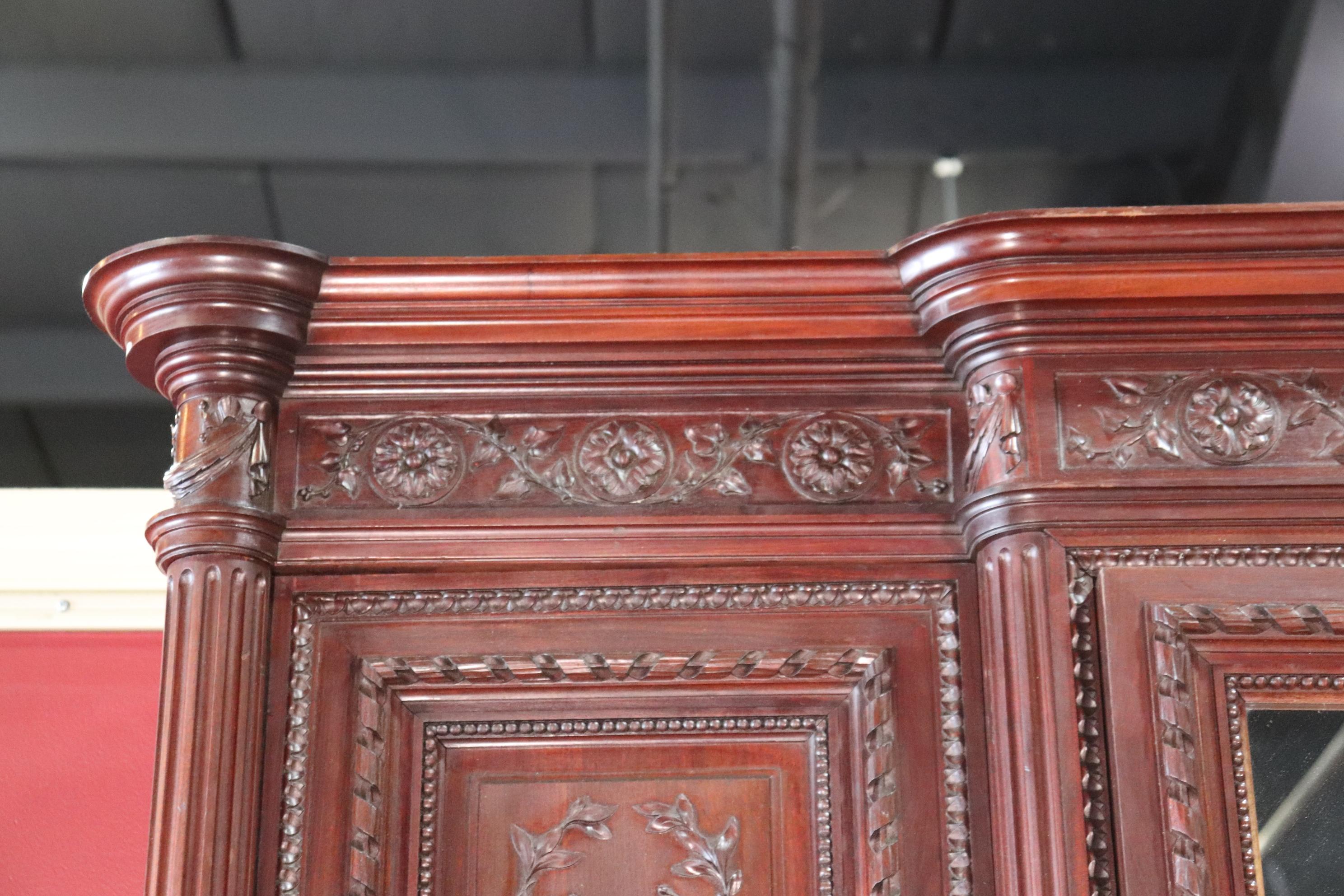 Late 19th Century Fine Carved French Louis XVI Mahogany Mirrored Grand Armoire Wardrobe Circa 1900