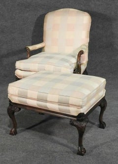 Fine Carved Georgian Style Mahogany Lounge Library Chair and Ottoman