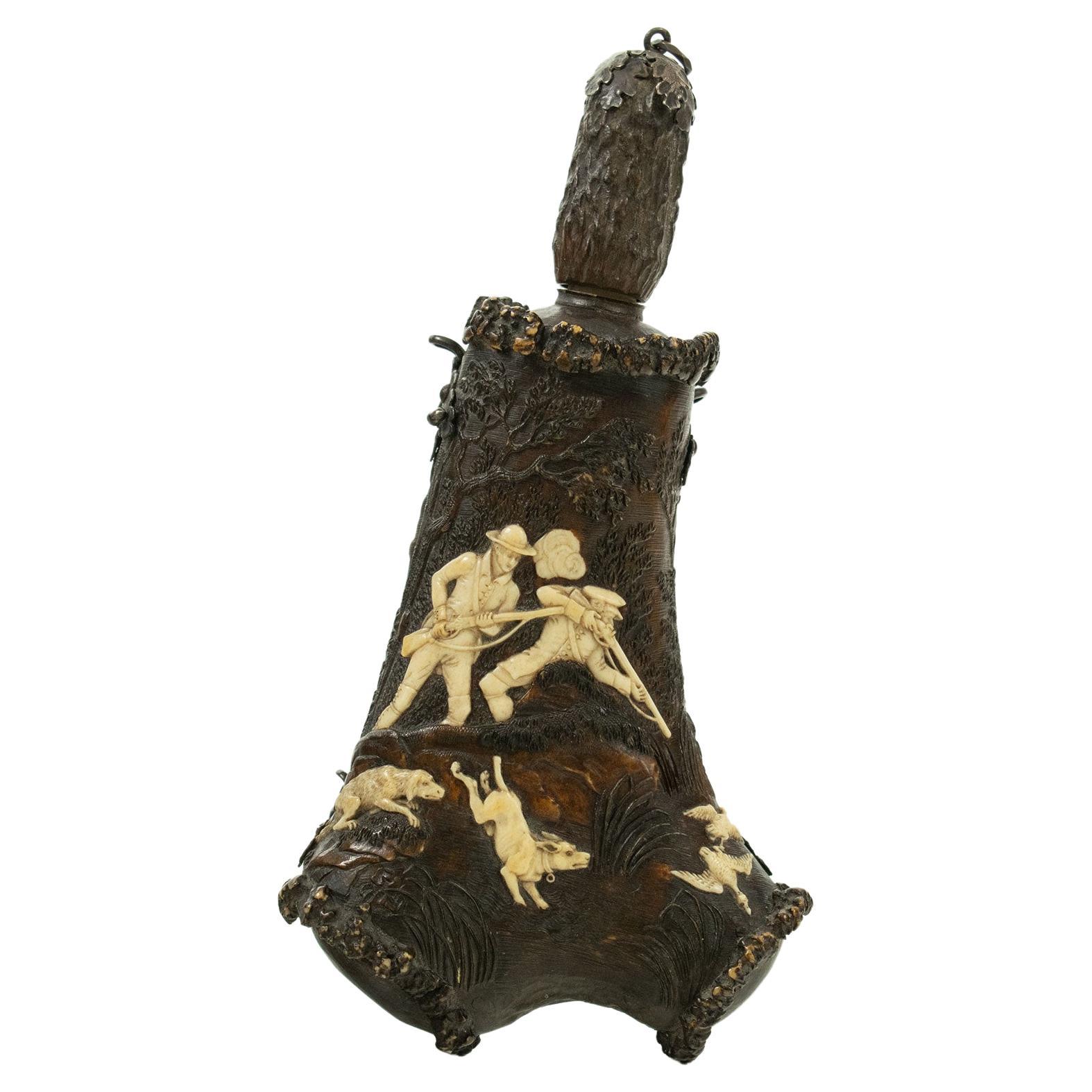 Fine Carved German or Austrian 18th Century Stags Horn Powder Flask For Sale