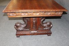 Fine Carved Italian Walnut Mythical Dolphin Base Library Table Writing Desk