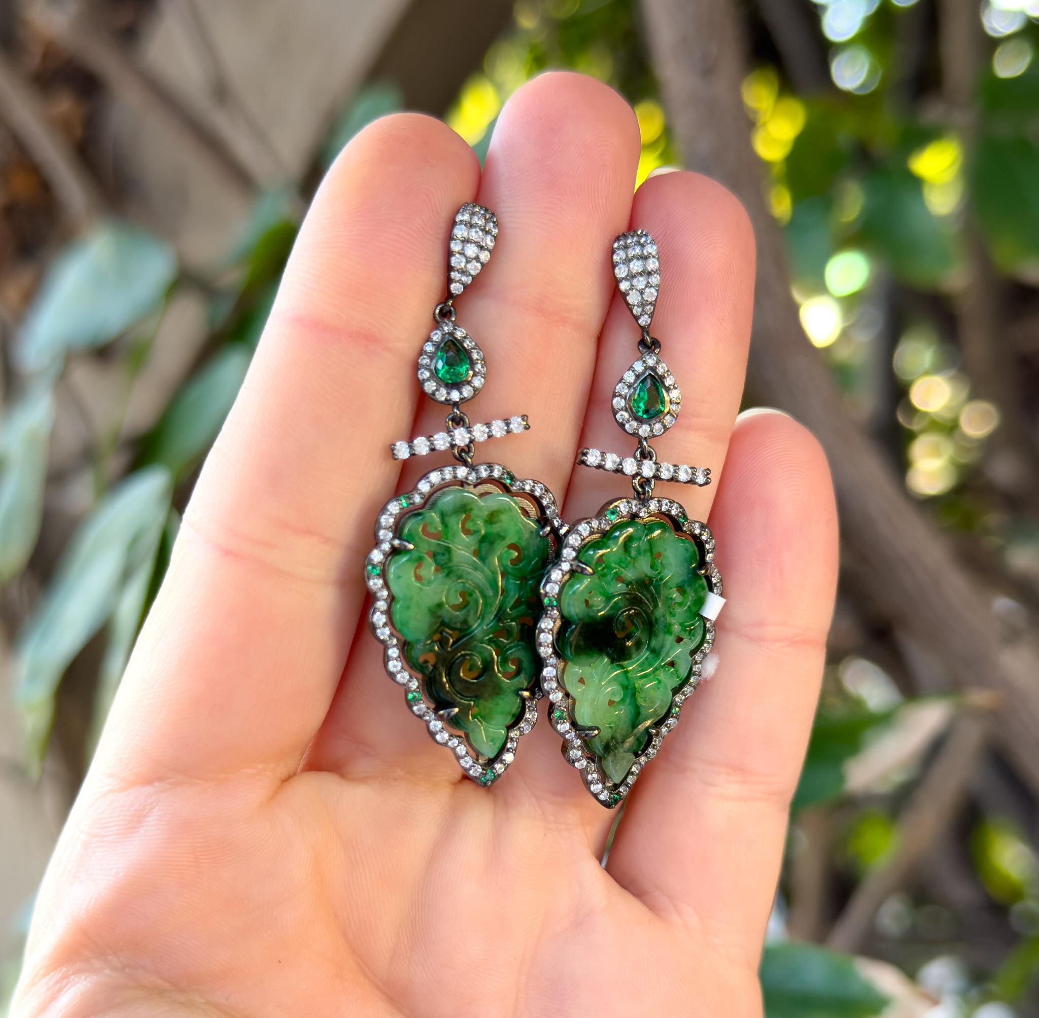 Victorian Fine Carved Jade Emerald and Diamond Earrings For Sale