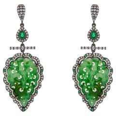 Fine Carved Jade Emerald and Diamond Earrings
