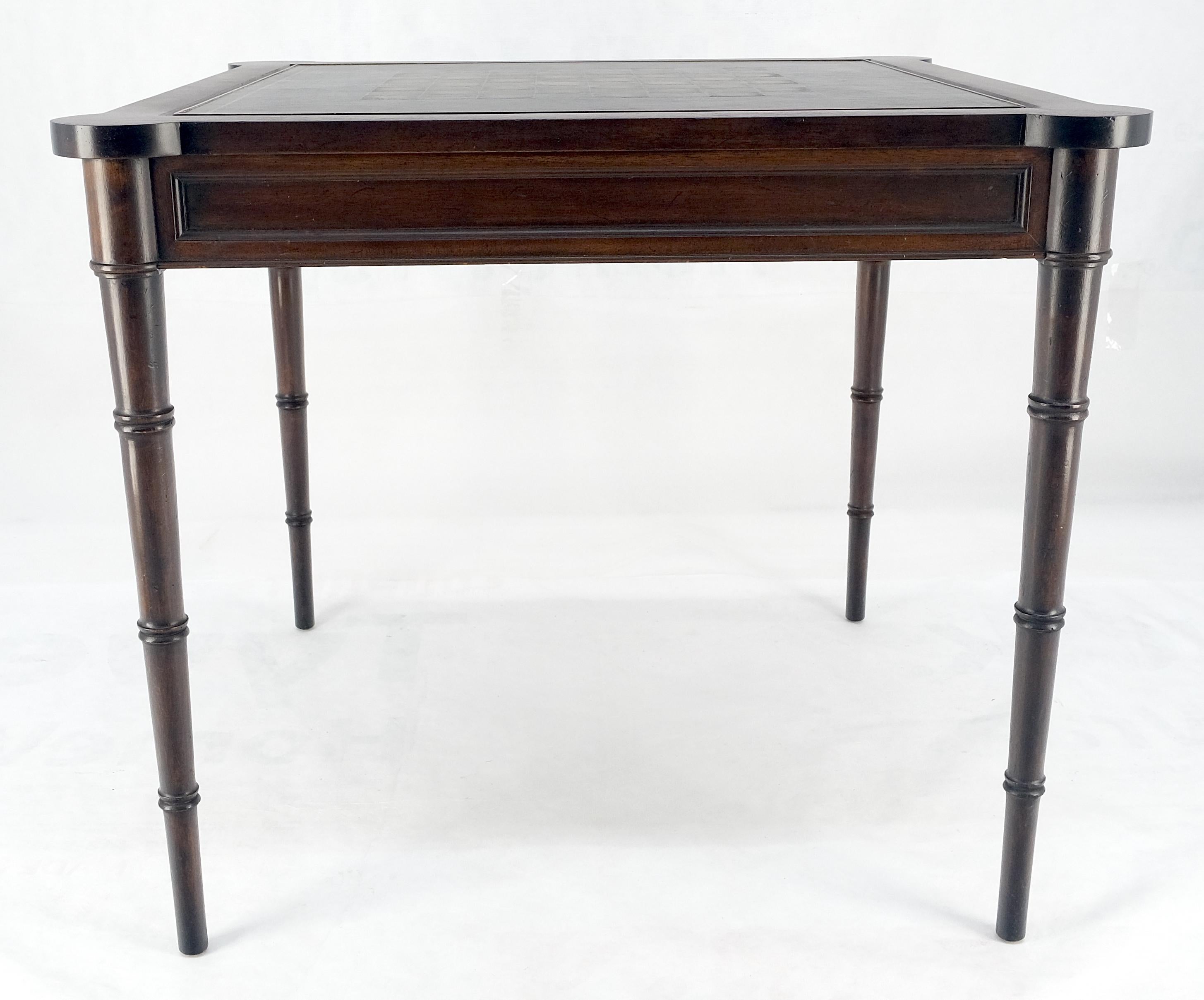 American Fine Carved Mahogany Faux Bamboo Leg Flip Top Game Chess Board Table c1940s MINT