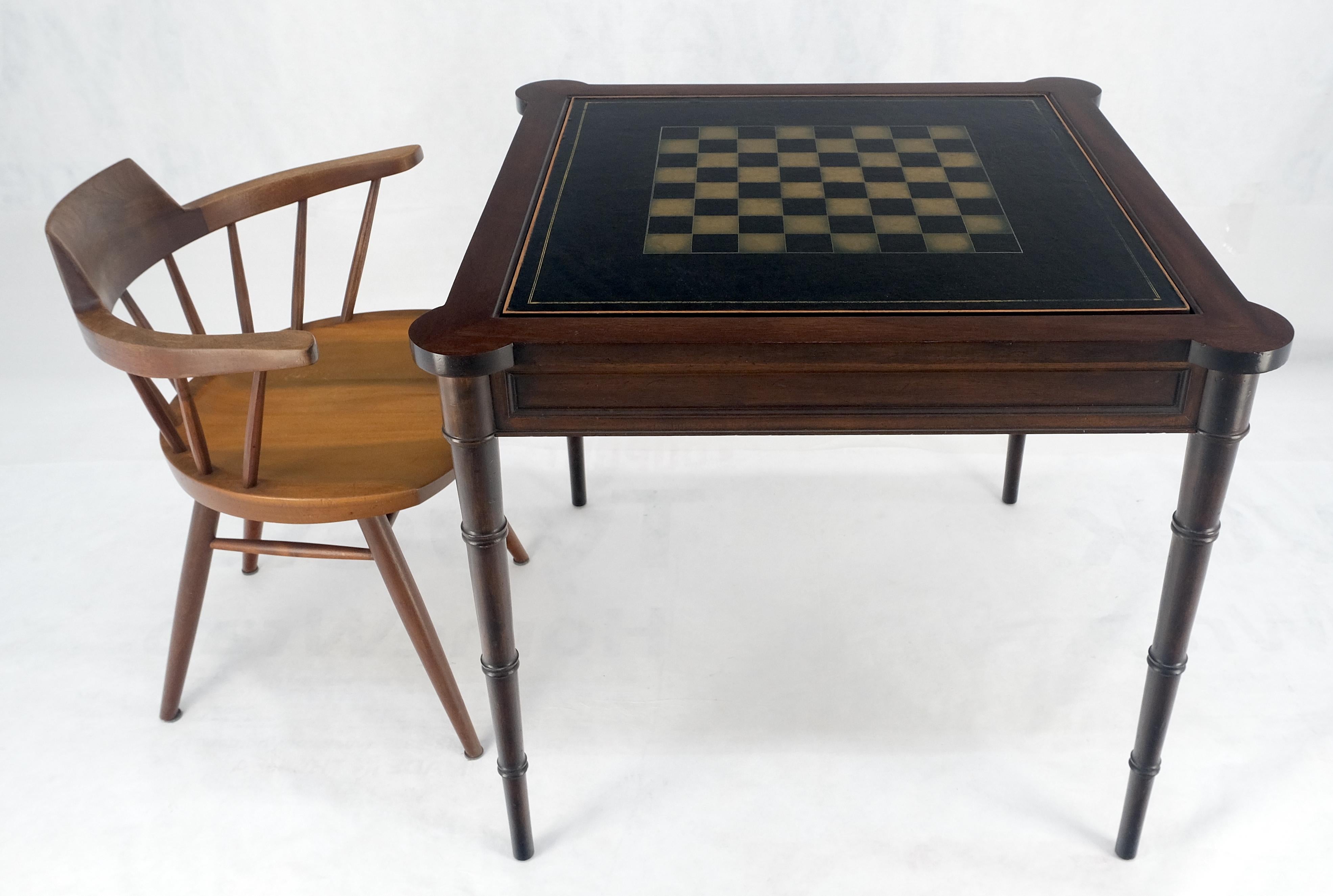 Fine Carved Mahogany Faux Bamboo Leg Flip Top Game Chess Board Table c1940s MINT In Excellent Condition In Rockaway, NJ