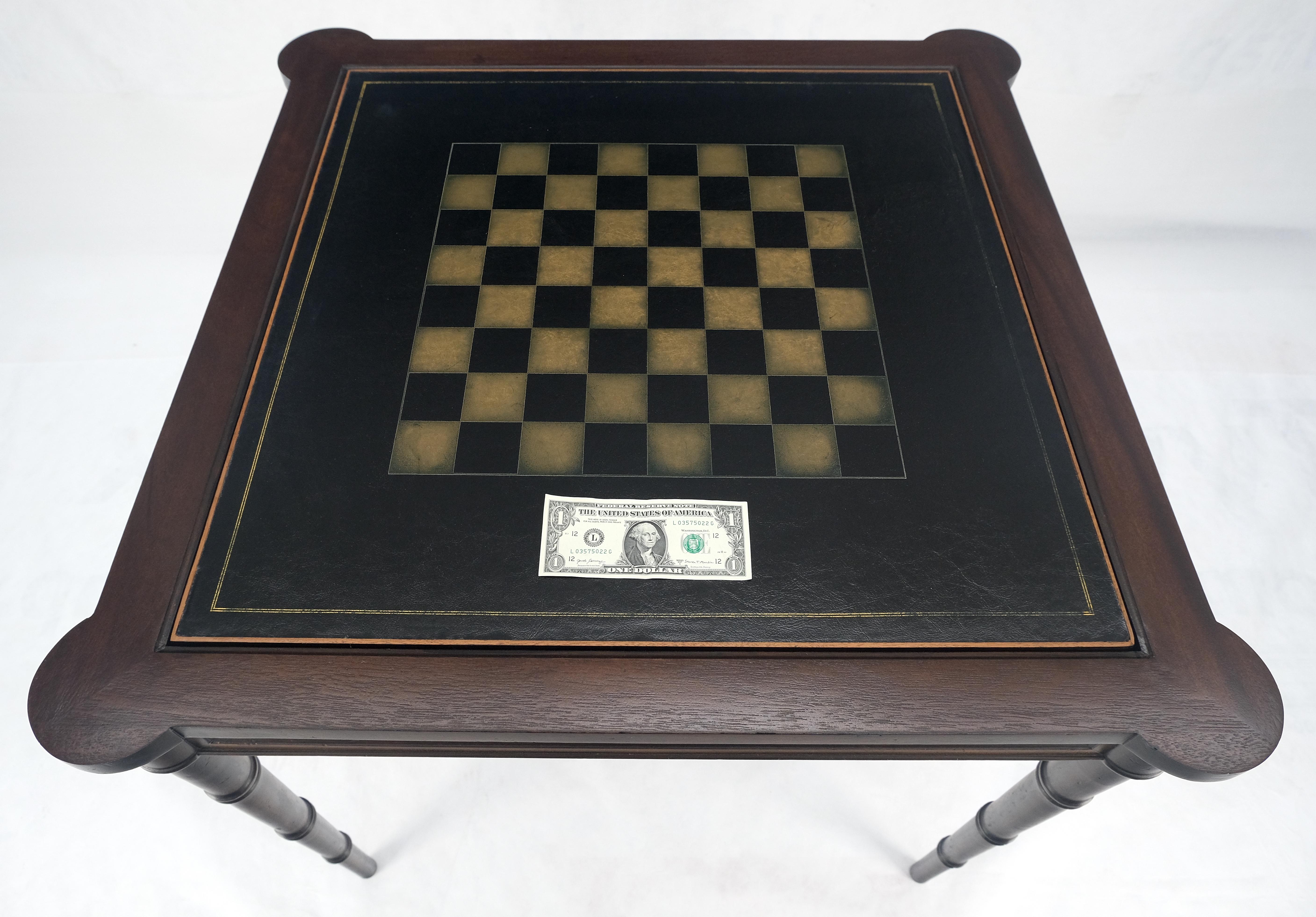 Leather Fine Carved Mahogany Faux Bamboo Leg Flip Top Game Chess Board Table c1940s MINT