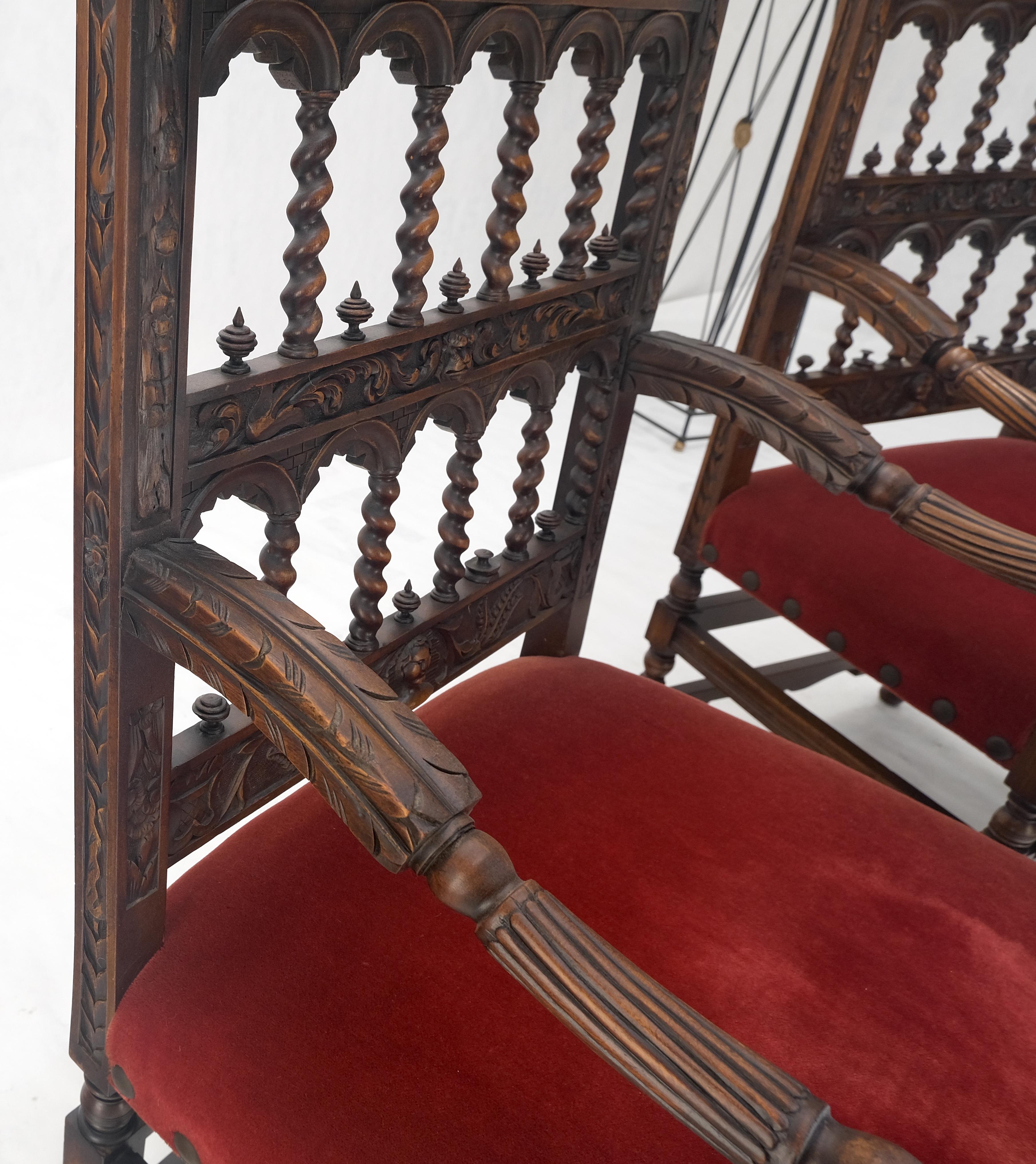 Fine Carved North Winds Faces Heavy Oak Arm Chairs Twisted Spindles c1900s MINT For Sale 8