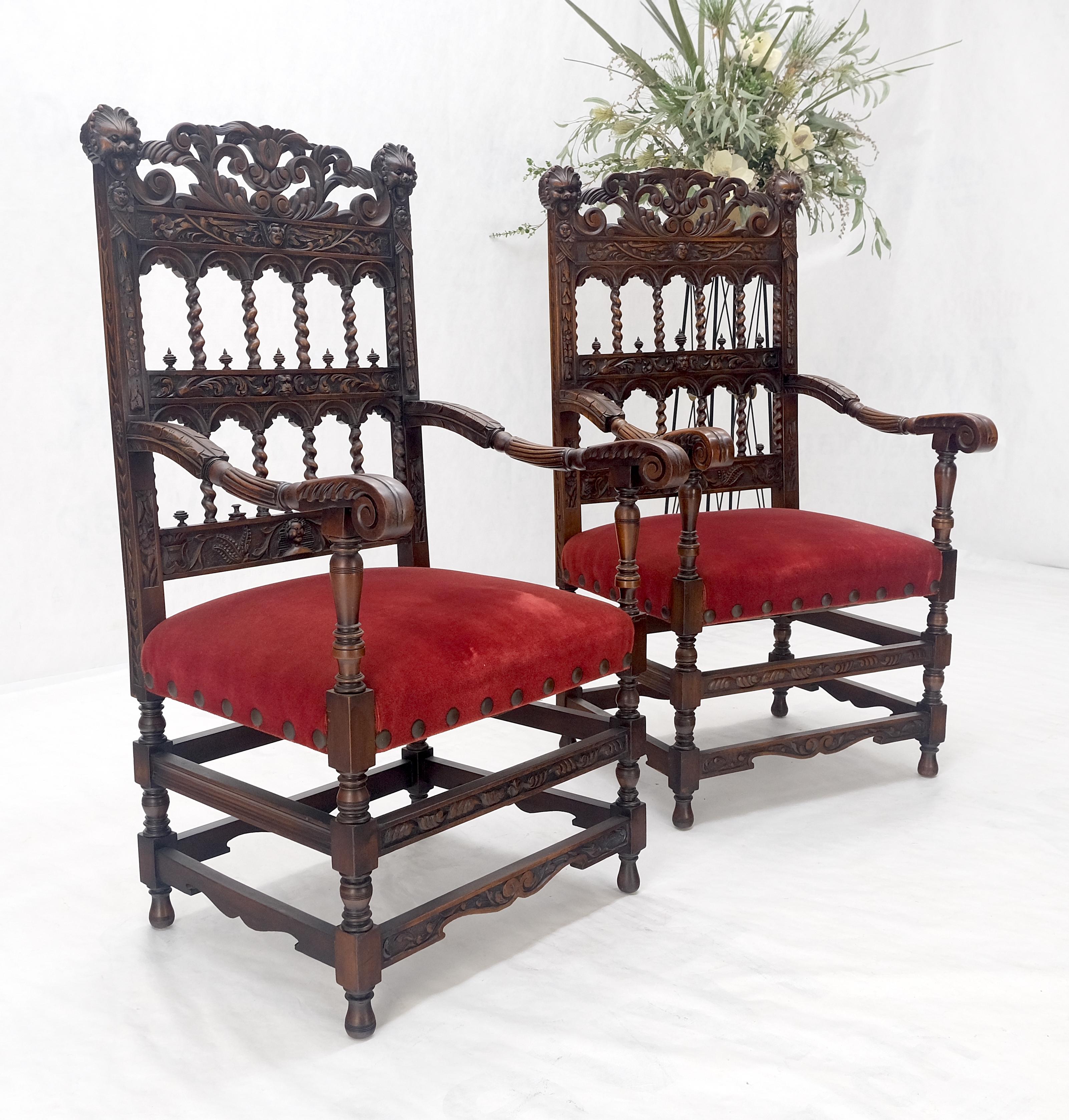 Fine Carved North Winds Faces Heavy Oak Arm Chairs Twisted Spindles c1900s MINT For Sale 10