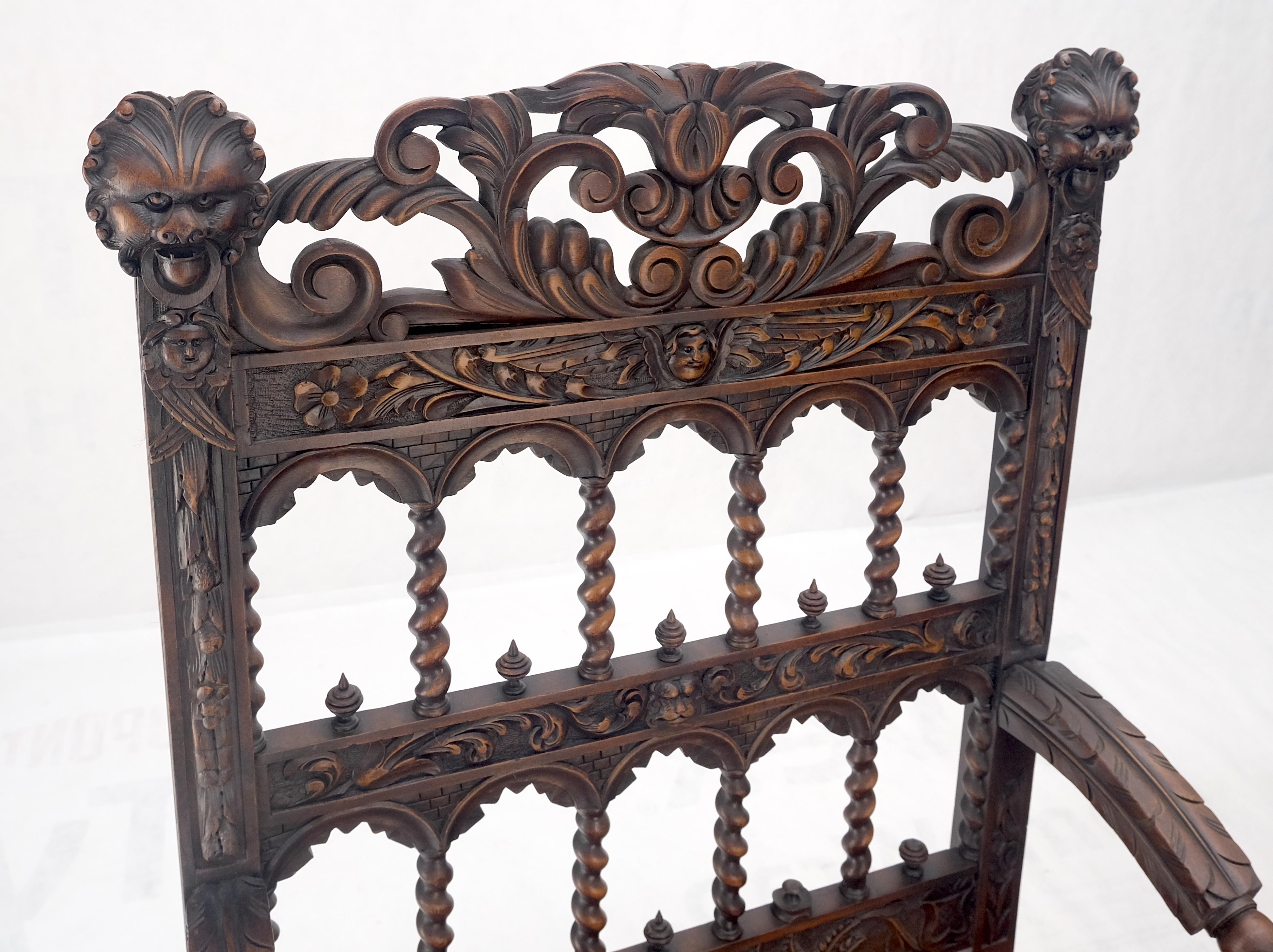 Fine Carved North Winds Faces Heavy Oak Arm Chairs Twisted Spindles c1900s MINT 