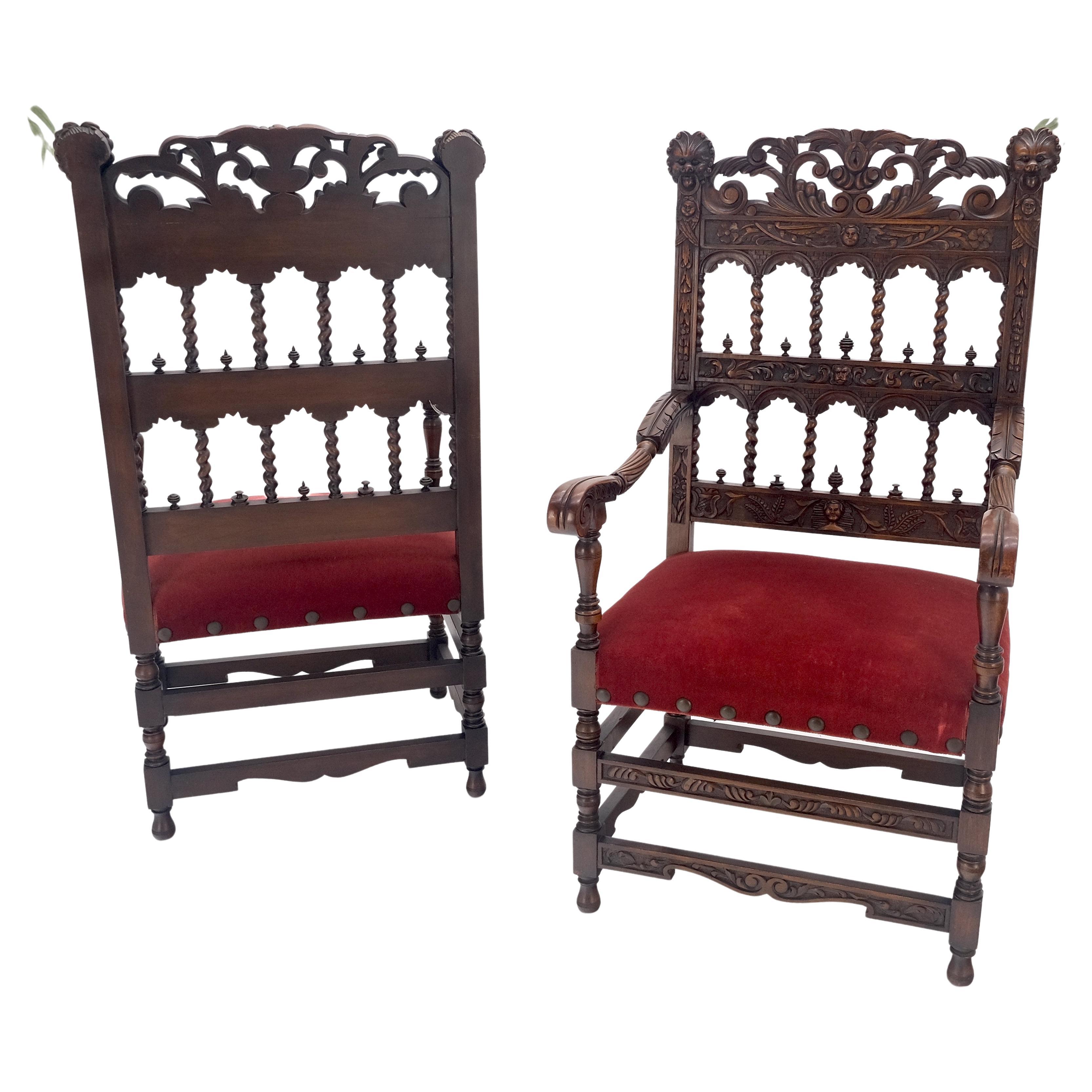 Jacobean Fine Carved North Winds Faces Heavy Oak Arm Chairs Twisted Spindles c1900s MINT For Sale