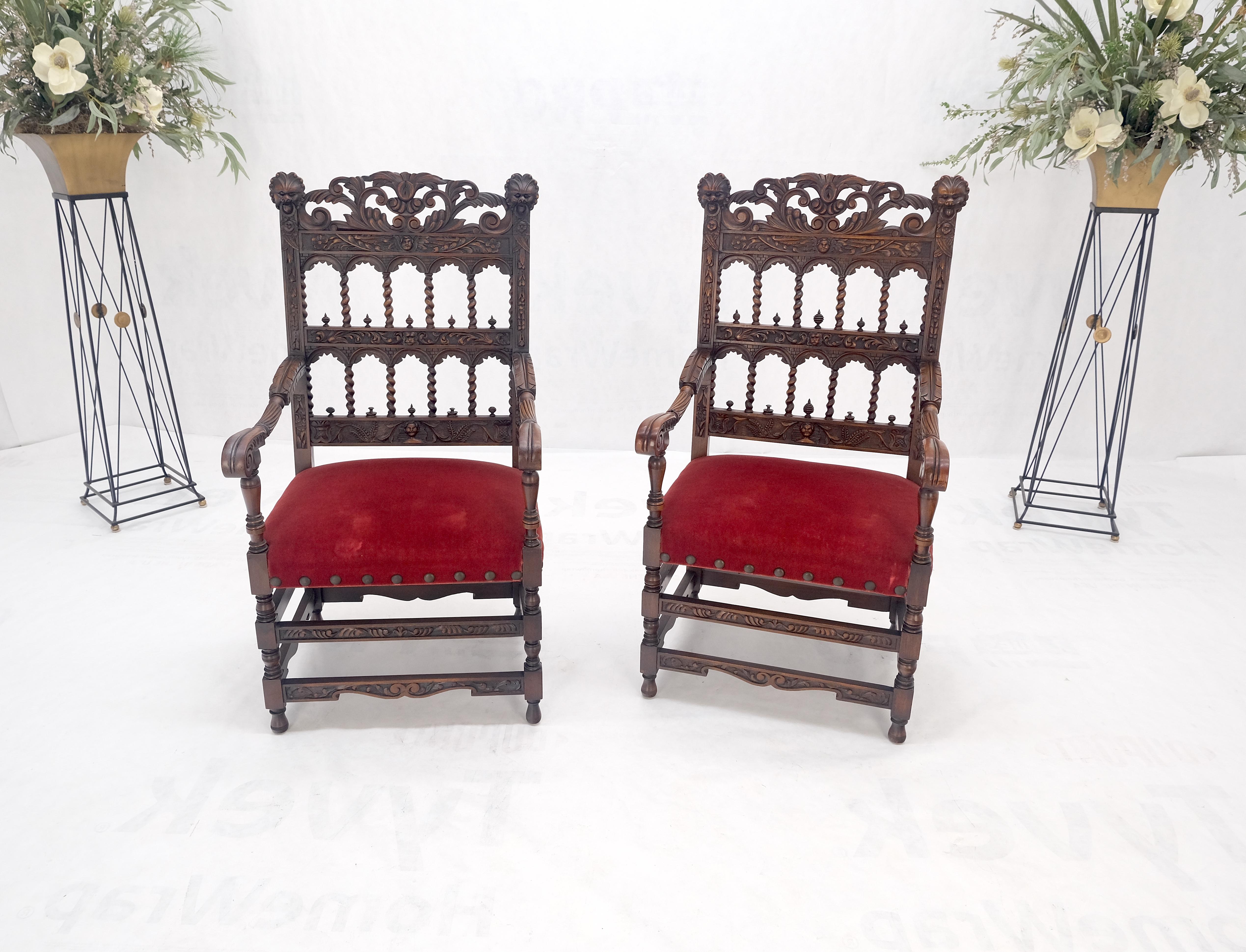 American Fine Carved North Winds Faces Heavy Oak Arm Chairs Twisted Spindles c1900s MINT For Sale