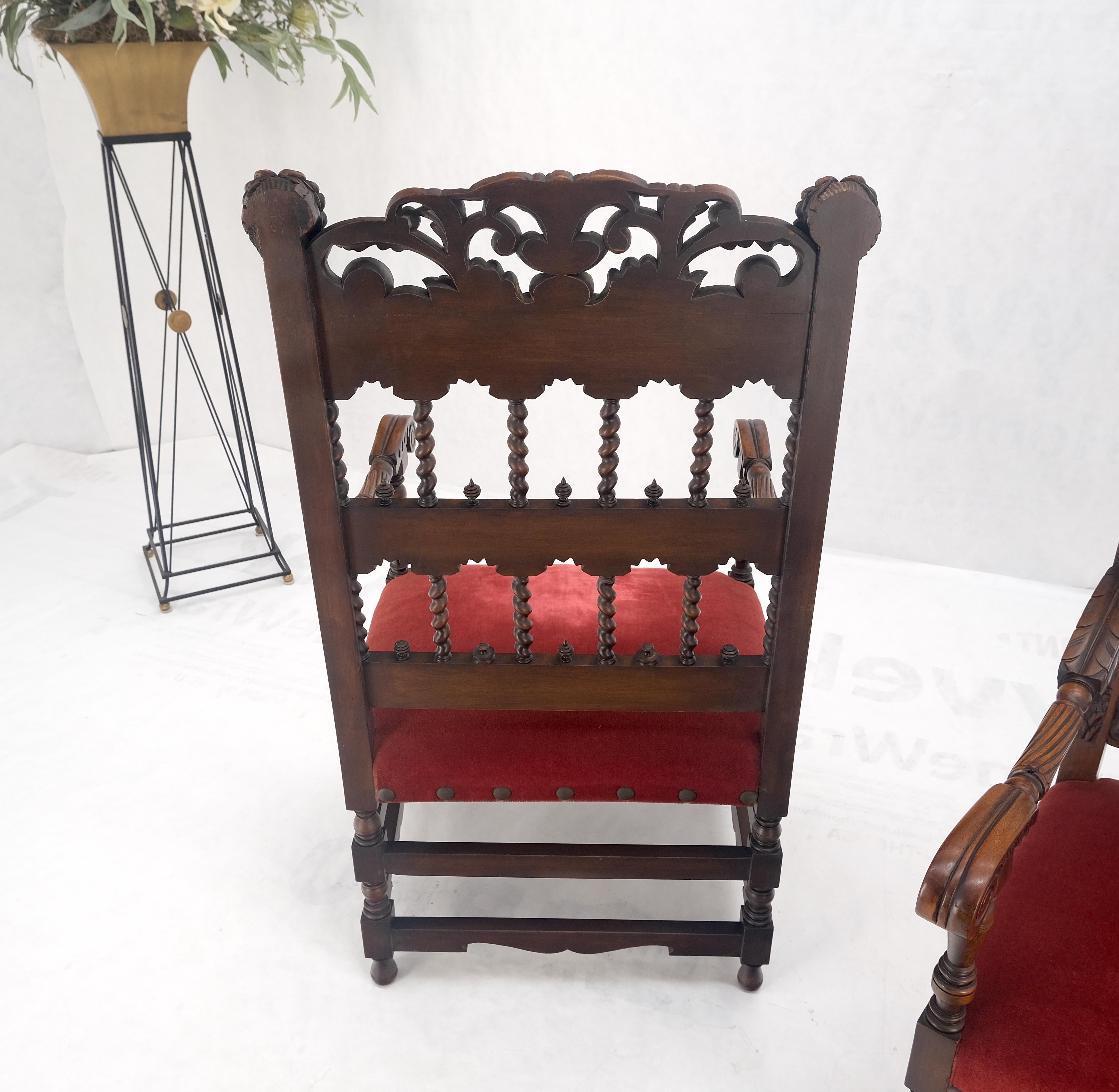 Fine Carved North Winds Faces Heavy Oak Arm Chairs Twisted Spindles c1900s MINT In Excellent Condition For Sale In Rockaway, NJ