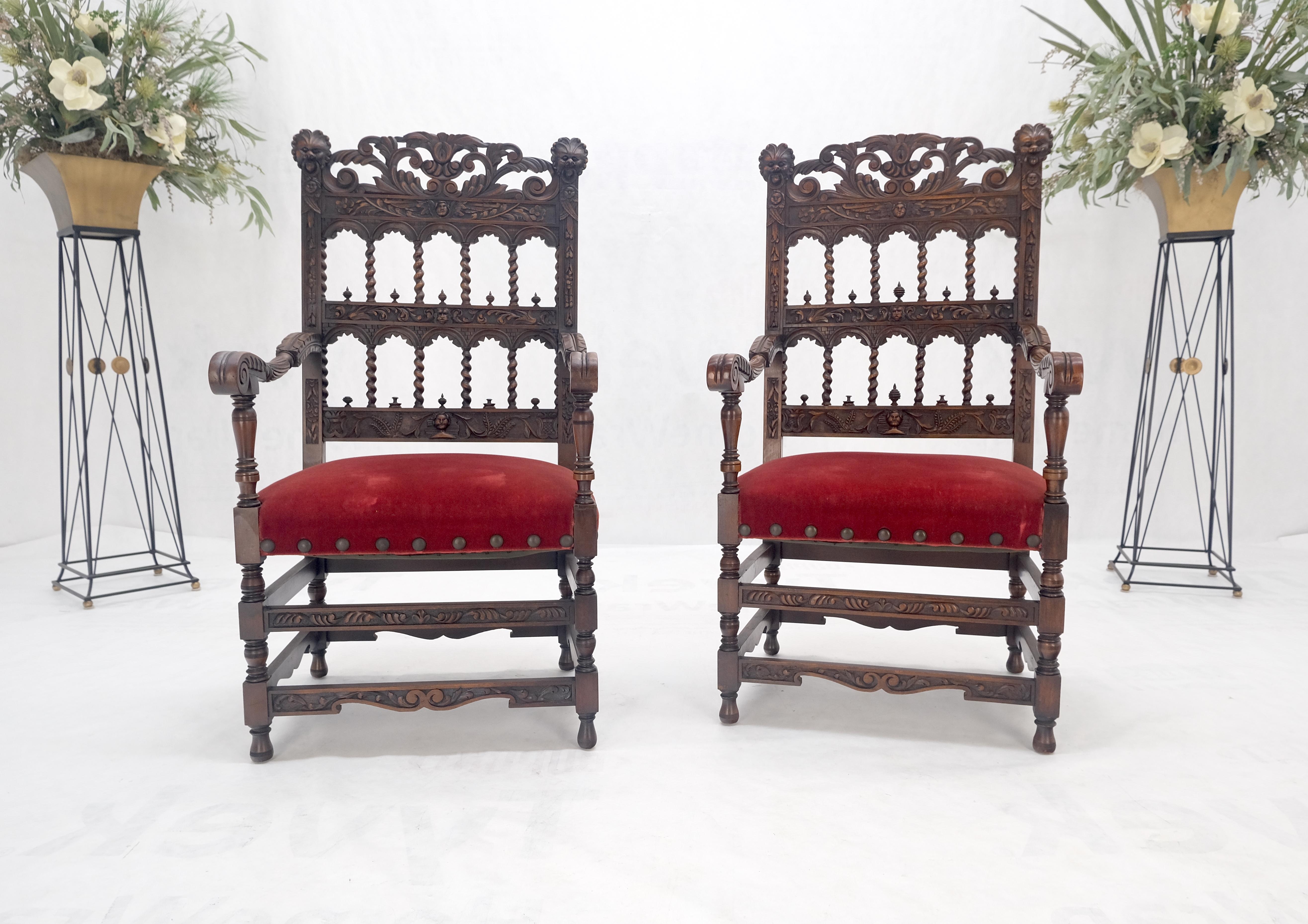 20th Century Fine Carved North Winds Faces Heavy Oak Arm Chairs Twisted Spindles c1900s MINT For Sale