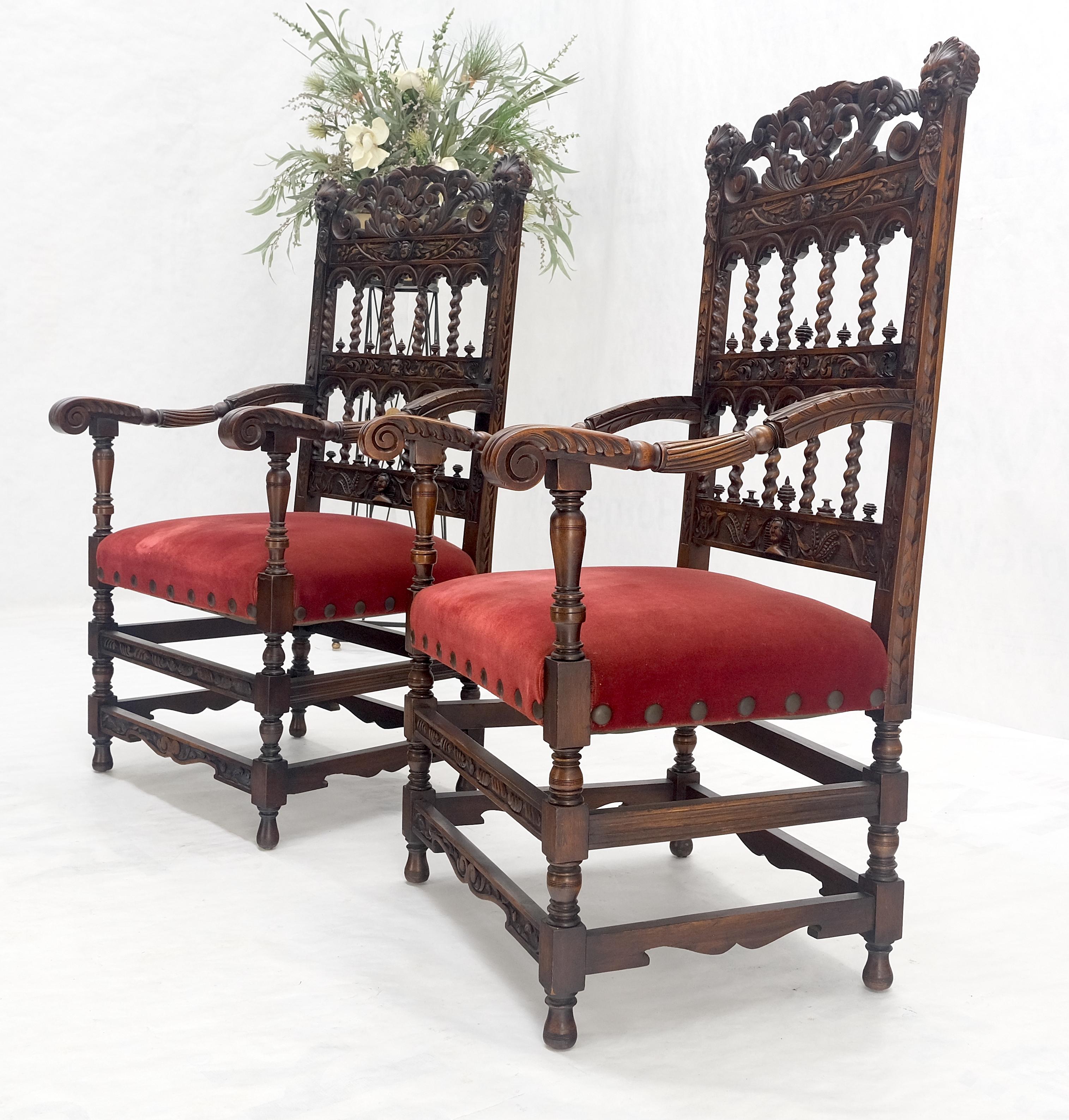 Fine Carved North Winds Faces Heavy Oak Arm Chairs Twisted Spindles c1900s MINT For Sale 2