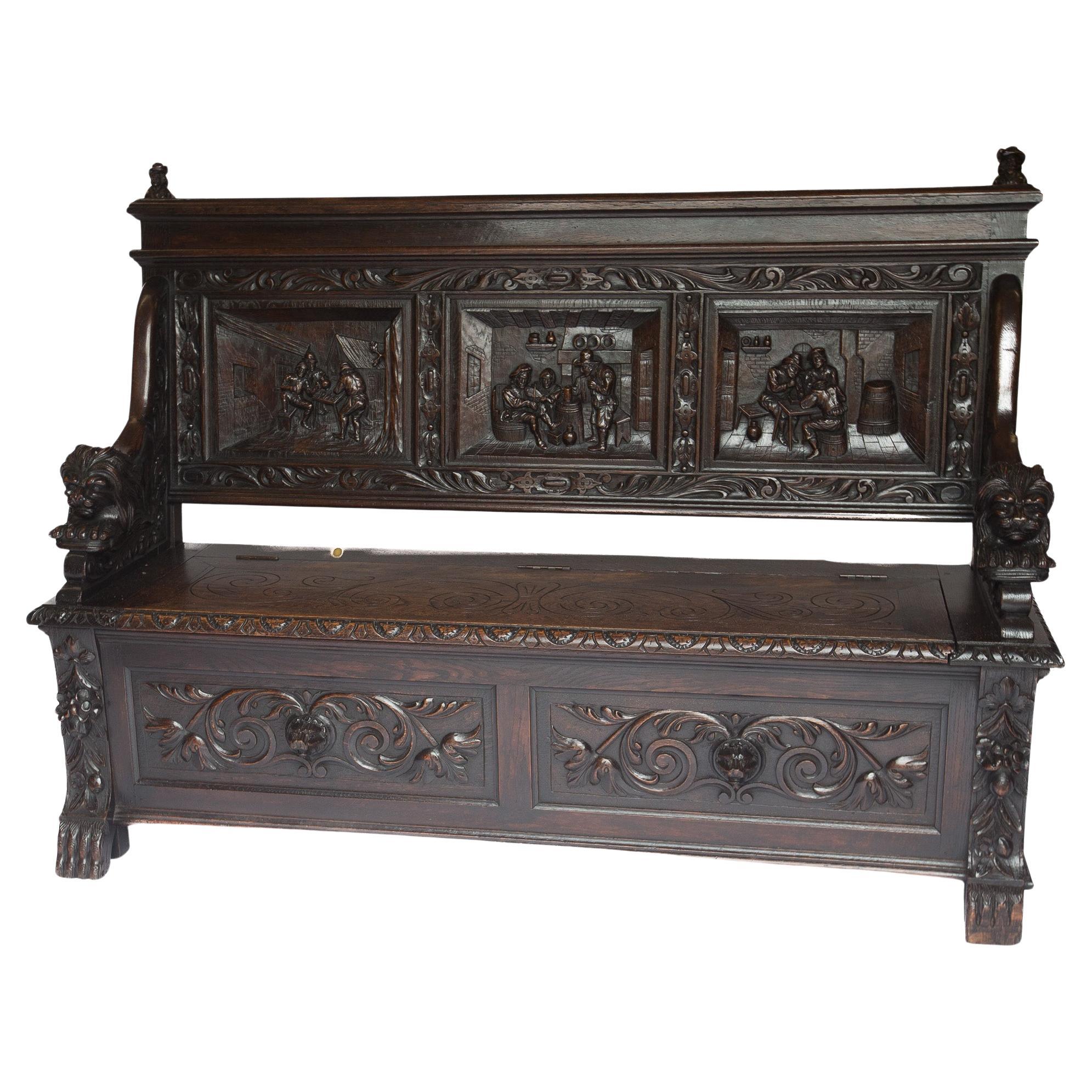 Fine carved oak box seat settle circa 1900