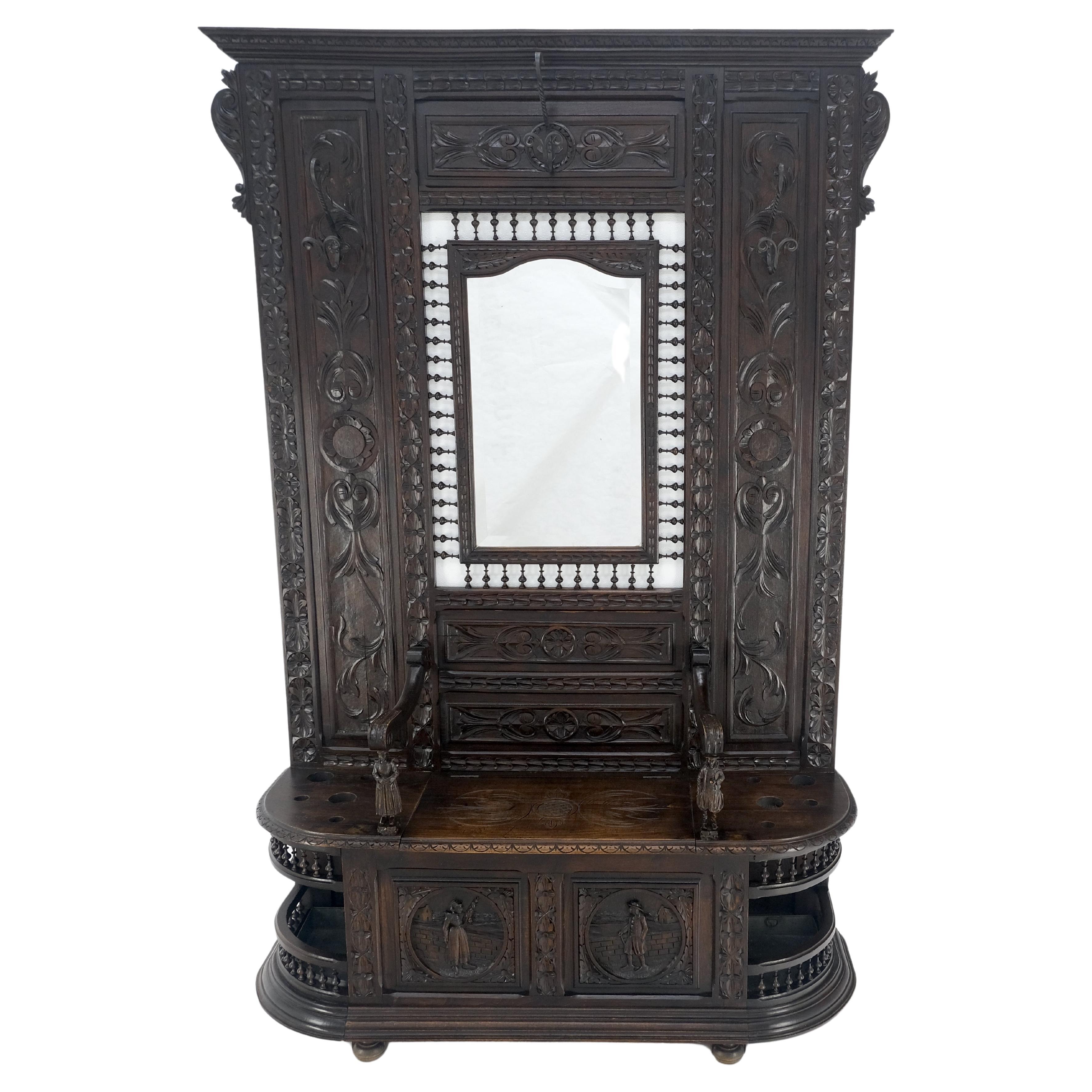 American Fine Carved Oak Lift Top Bench Pier Mirror Umbrella Stand Coat Hall Rack MINT! For Sale