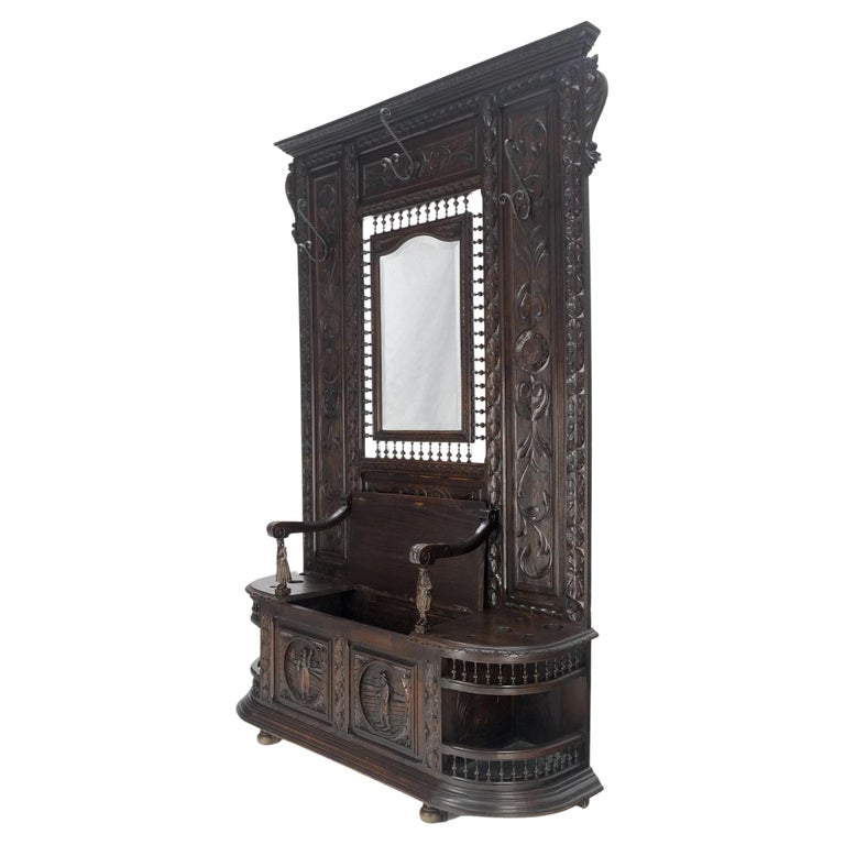 Fine Carved Oak Lift Top Bench Pier Mirror Umbrella Stand Coat