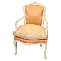 Fine Carved Painted French Louis XV Designer Upholstered Bergere Armchair 