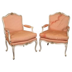 Fine Carved Painted Gilded French Louis XV Armchairs, Circa 1920s