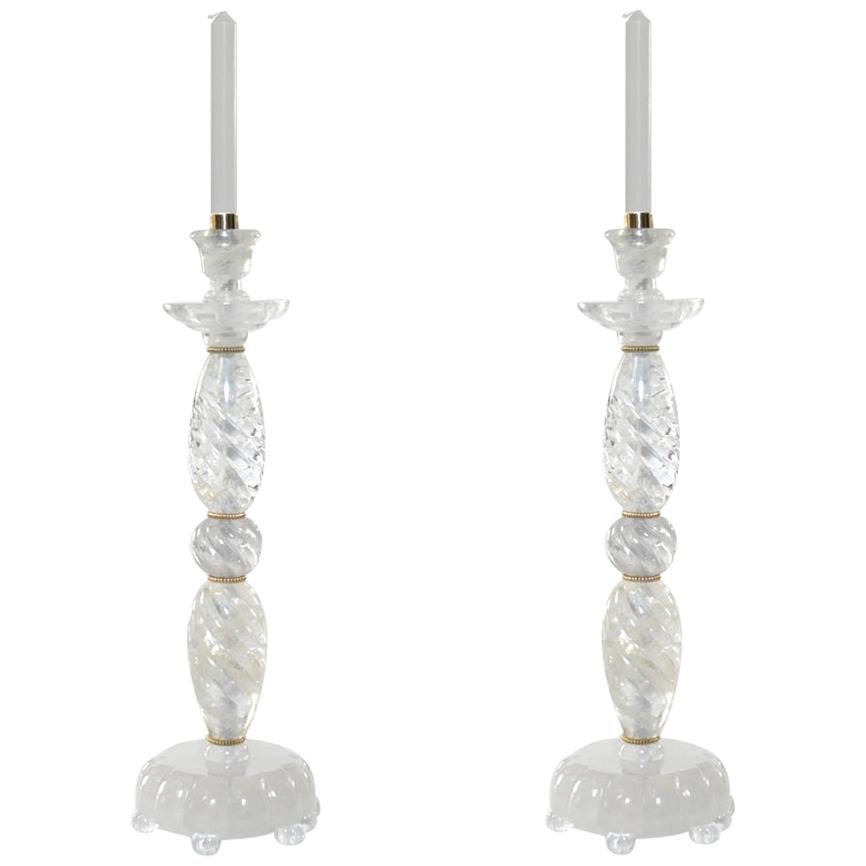 Fine Carved Rock Crystal Candleholders by Phoenix For Sale