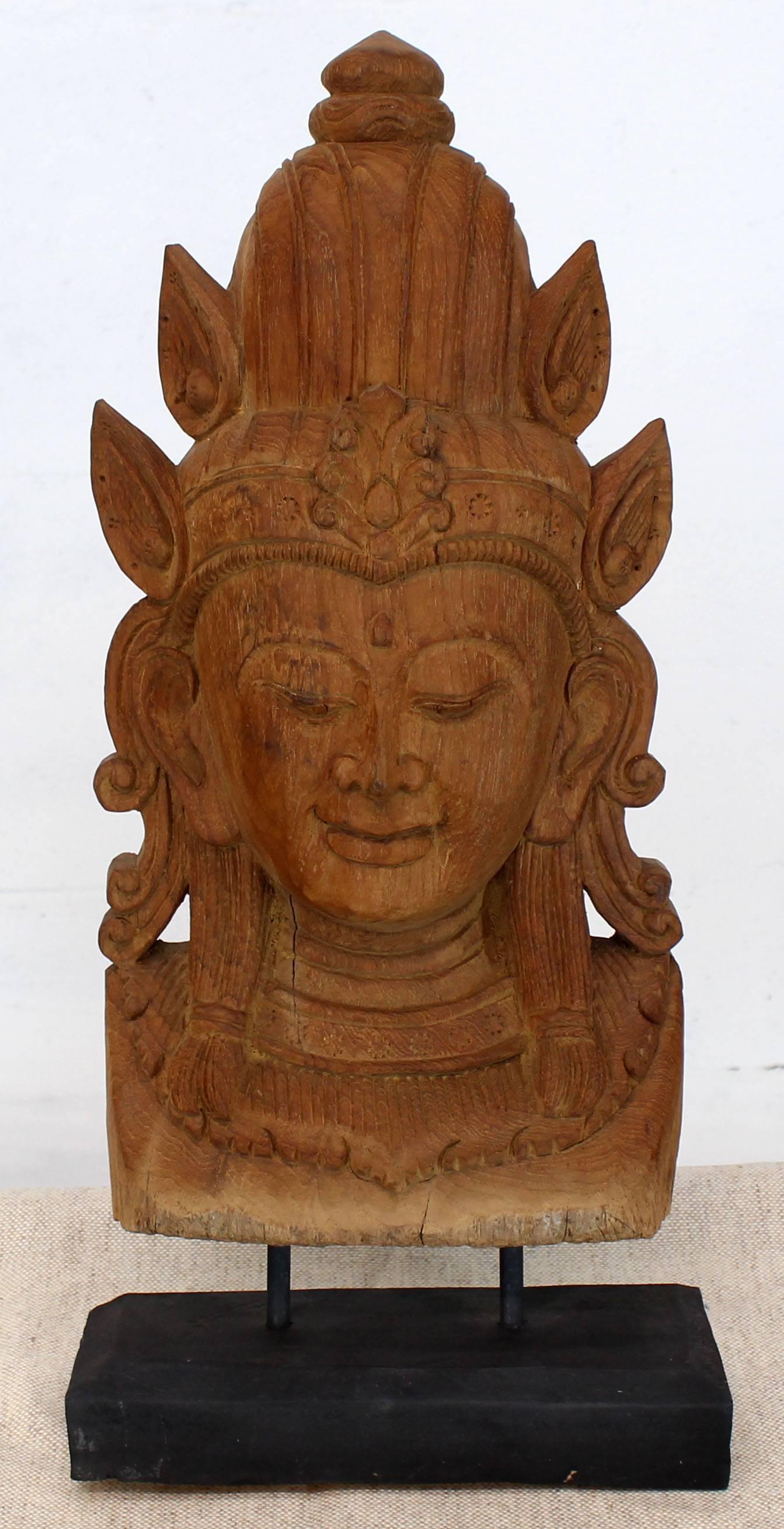 Fine Carved Teak Mask on Stand Sculpture of Buddha For Sale 5