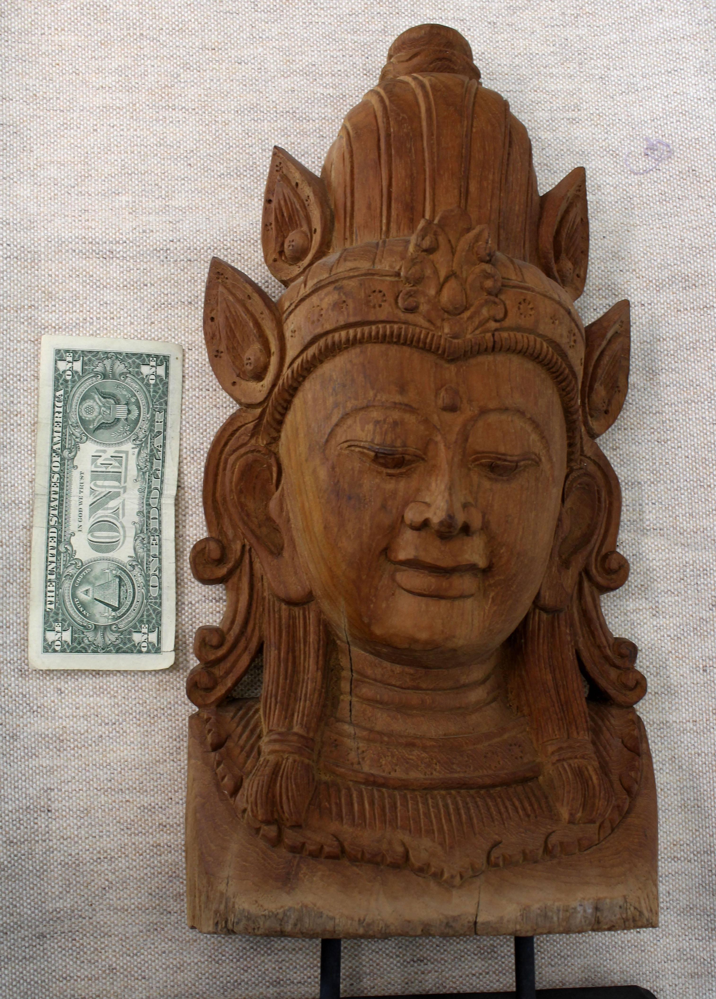 20th Century Fine Carved Teak Mask on Stand Sculpture of Buddha For Sale