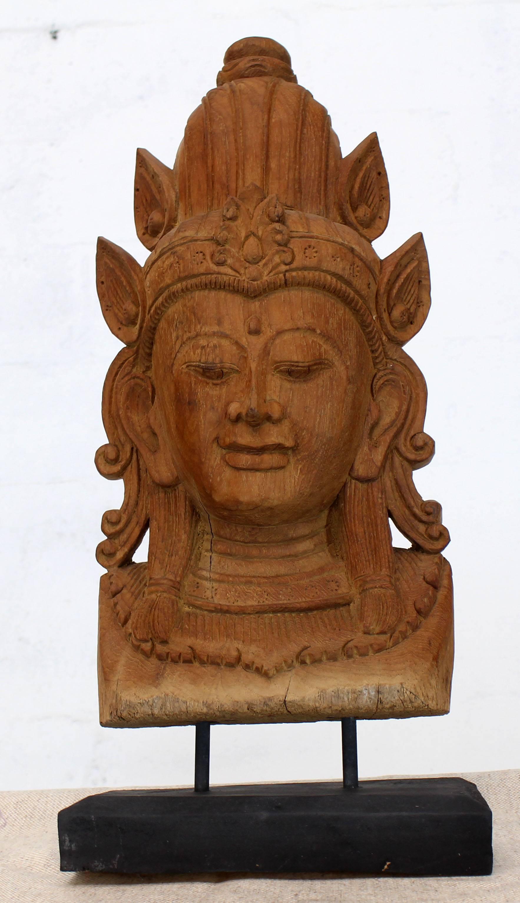 Fine Carved Teak Mask on Stand Sculpture of Buddha For Sale 4