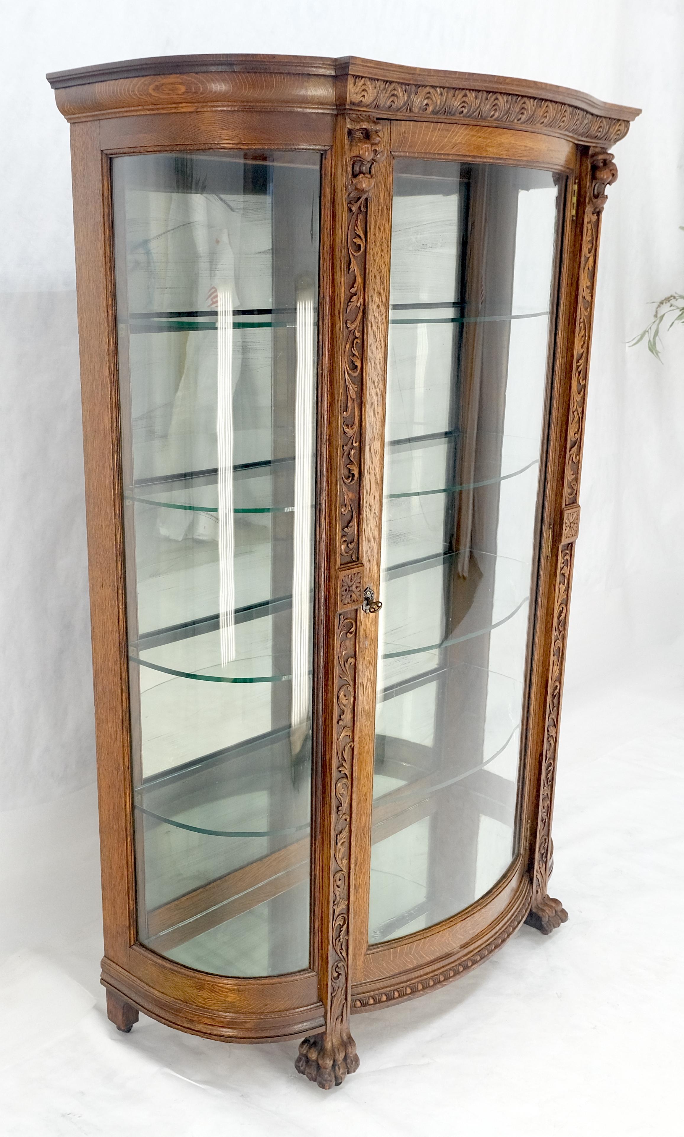 Fine Carved Tiger Oak Lion Feet & Head Curved Glass China Cabinet c1880s MINT! For Sale 5