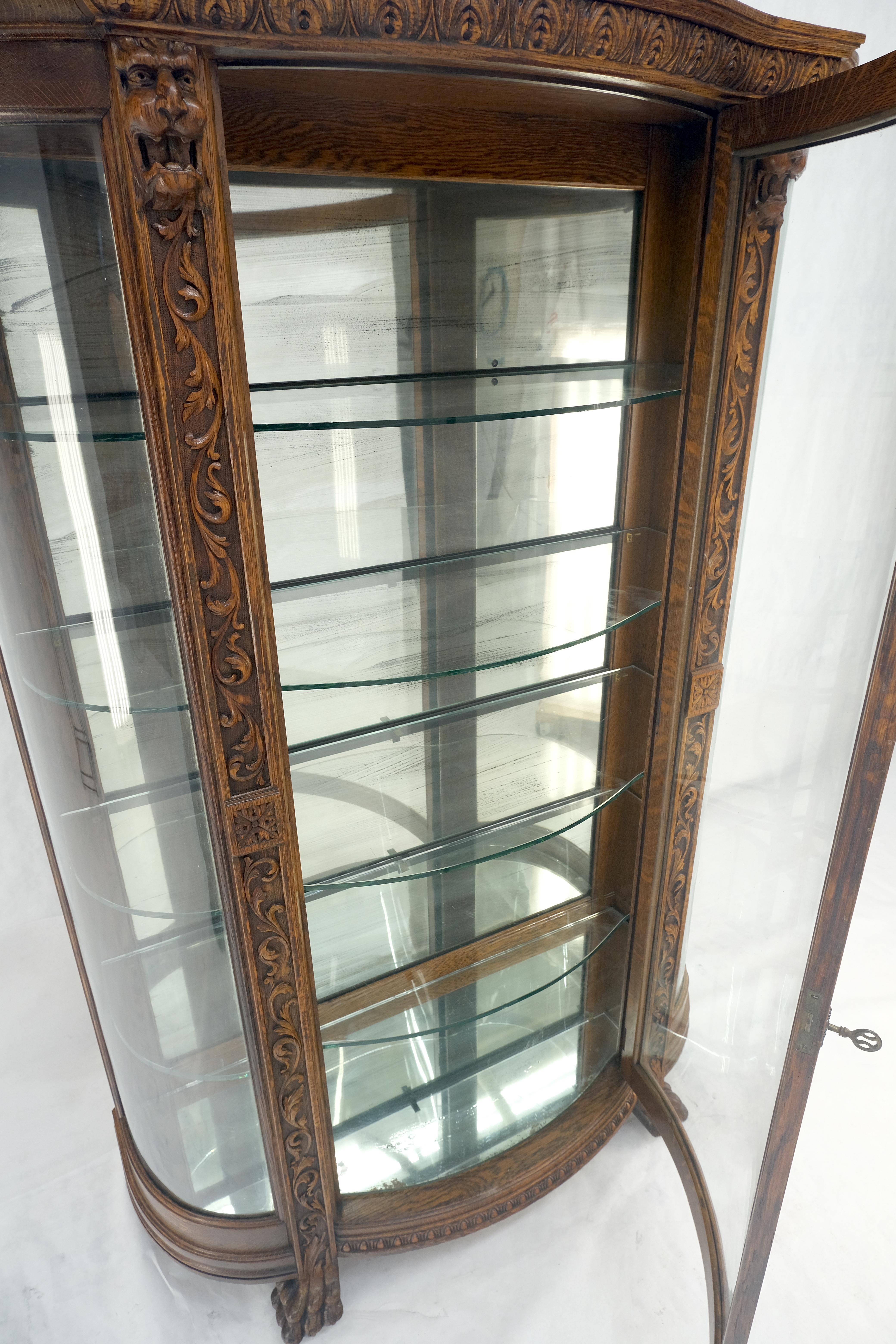 Fine Carved Tiger Oak Lion Feet & Head Curved Glass China Cabinet c1880s MINT! For Sale 6
