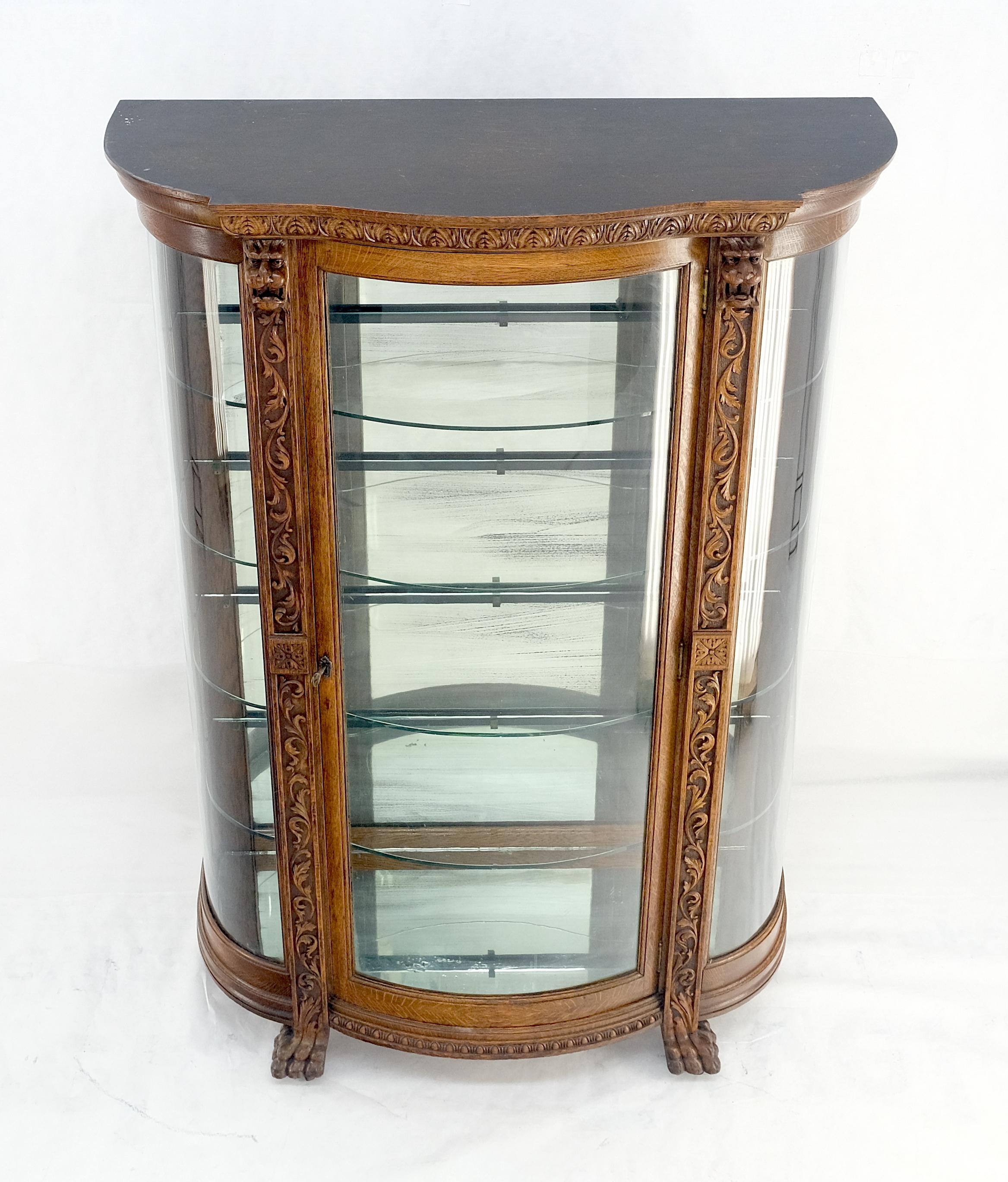 Fine Carved Tiger Oak Lion Feet & Head Curved Glass China Cabinet c1880s MINT! For Sale 7
