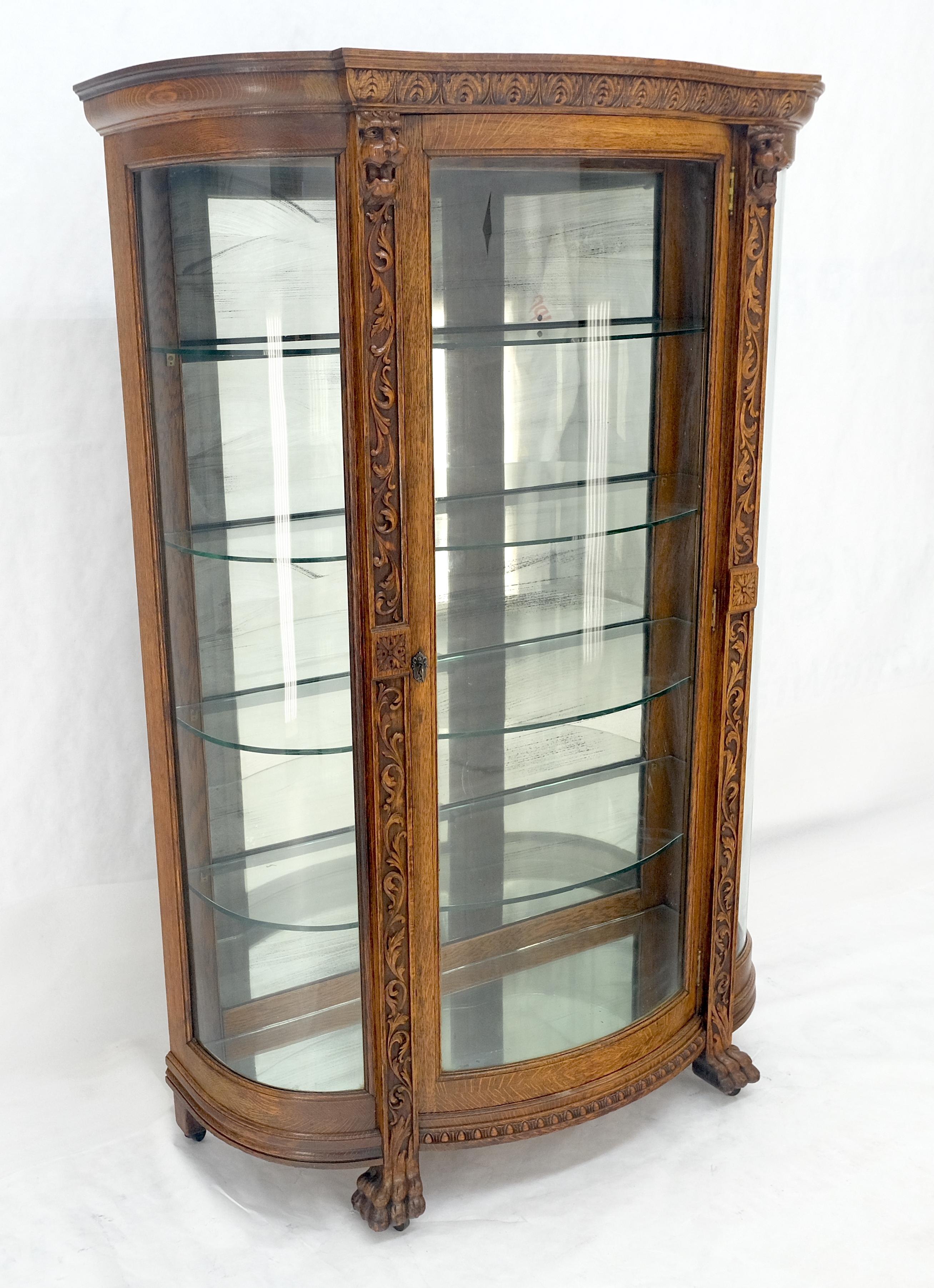 Fine Carved Tiger Oak Lion Feet & Head Curved Glass China Cabinet c1880s MINT! For Sale 8