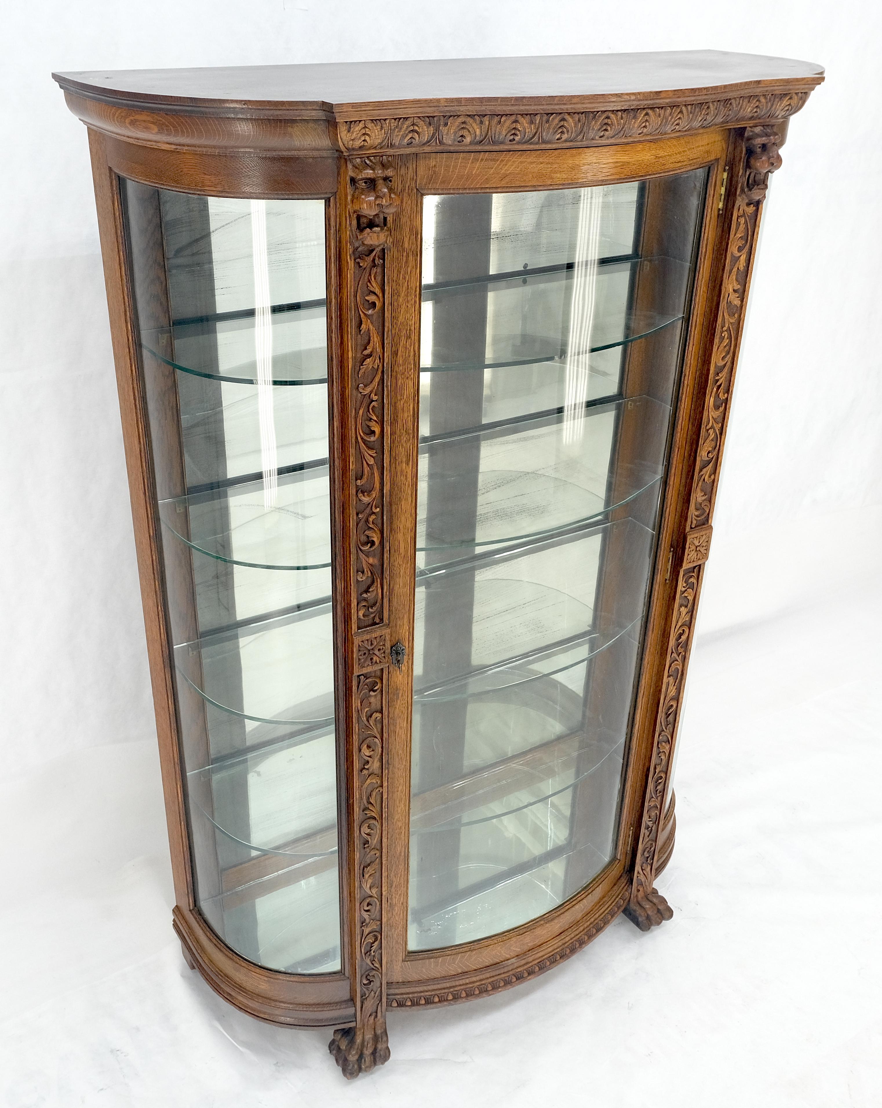 Fine Carved Tiger Oak Lion Feet & Head Curved Glass China Cabinet c1880s MINT! For Sale 9
