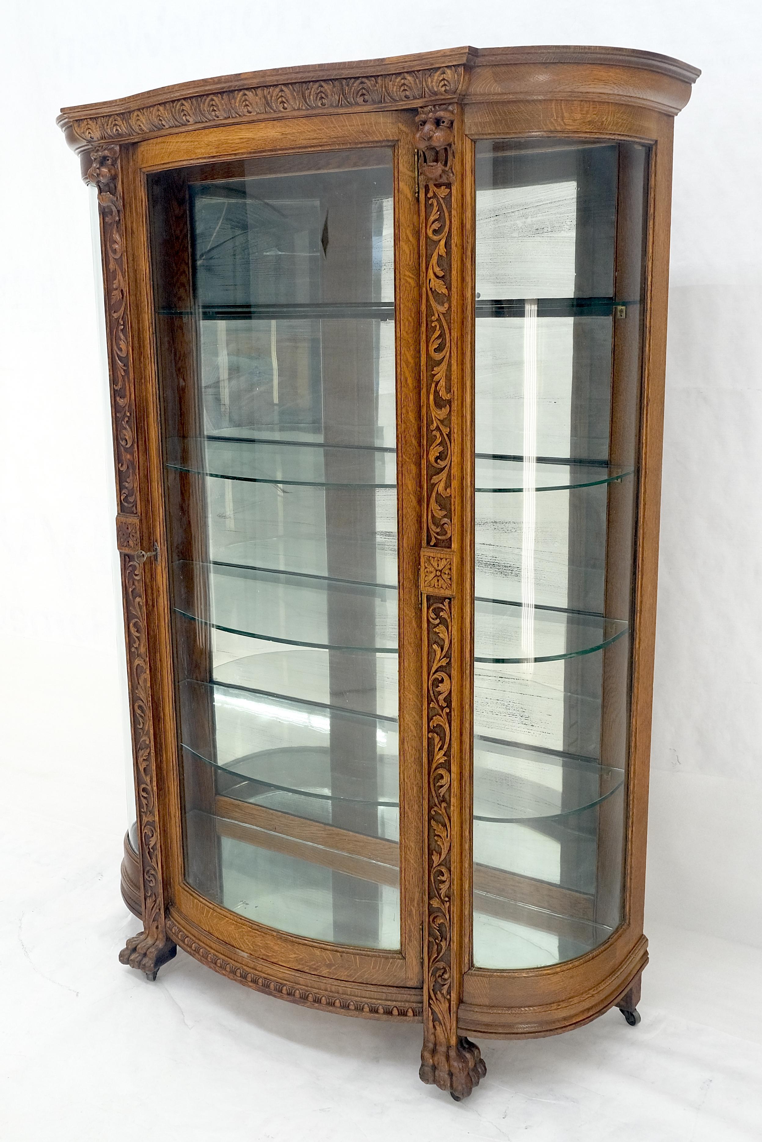 Fine Carved Tiger Oak Lion Feet & Head Curved Glass China Cabinet c1880s MINT! For Sale 11