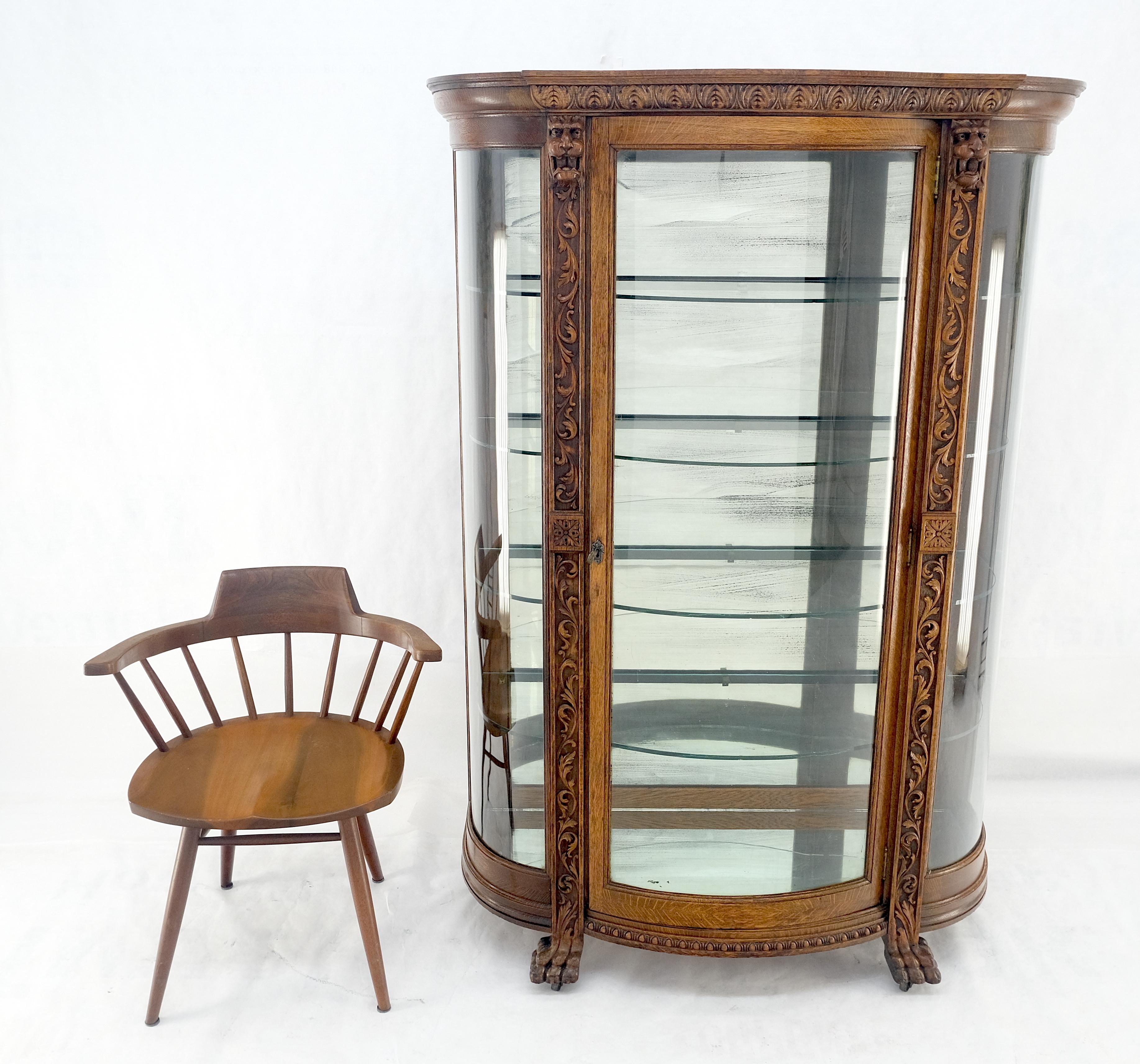 American Fine Carved Tiger Oak Lion Feet & Head Curved Glass China Cabinet c1880s MINT! For Sale