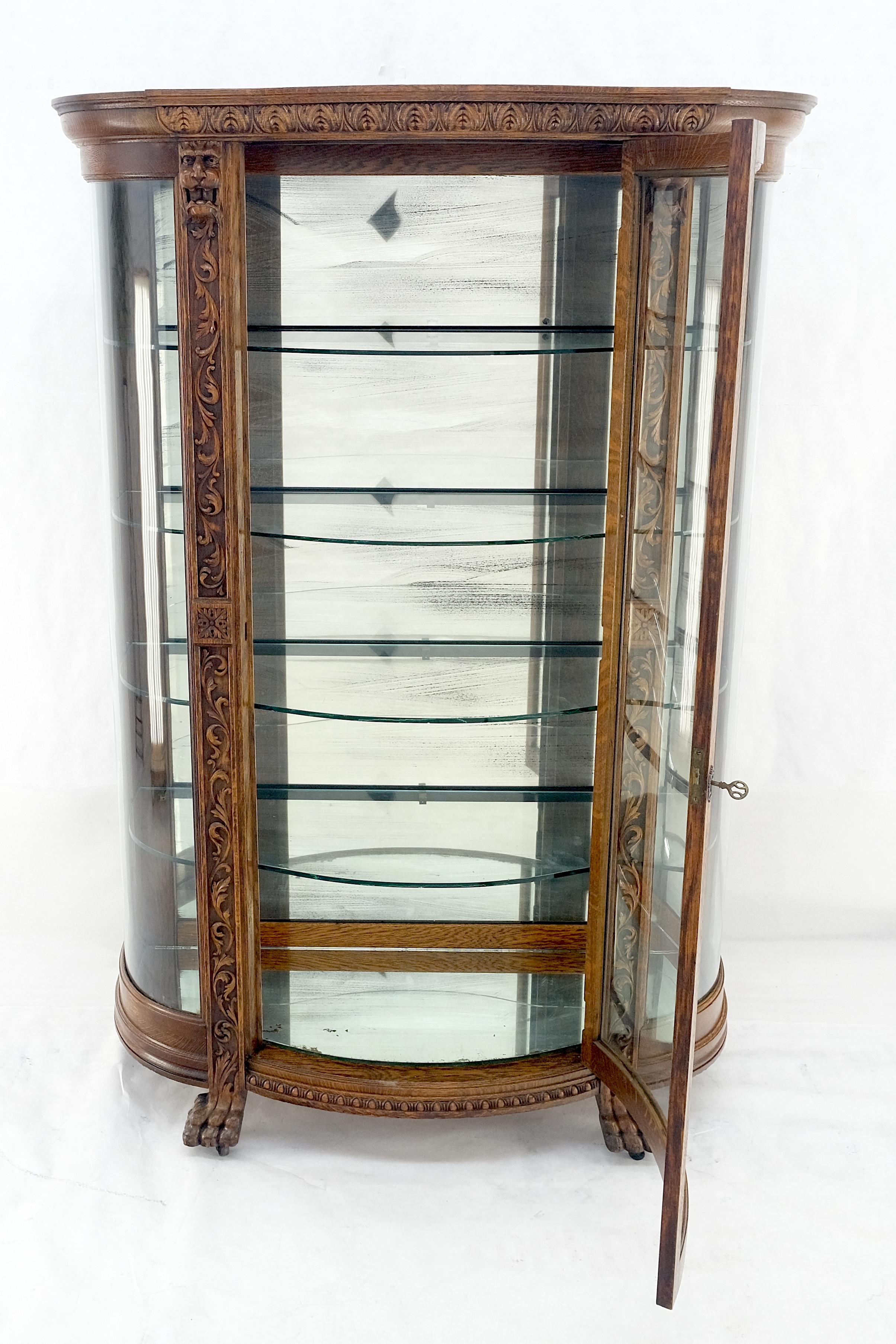 19th Century Fine Carved Tiger Oak Lion Feet & Head Curved Glass China Cabinet c1880s MINT! For Sale