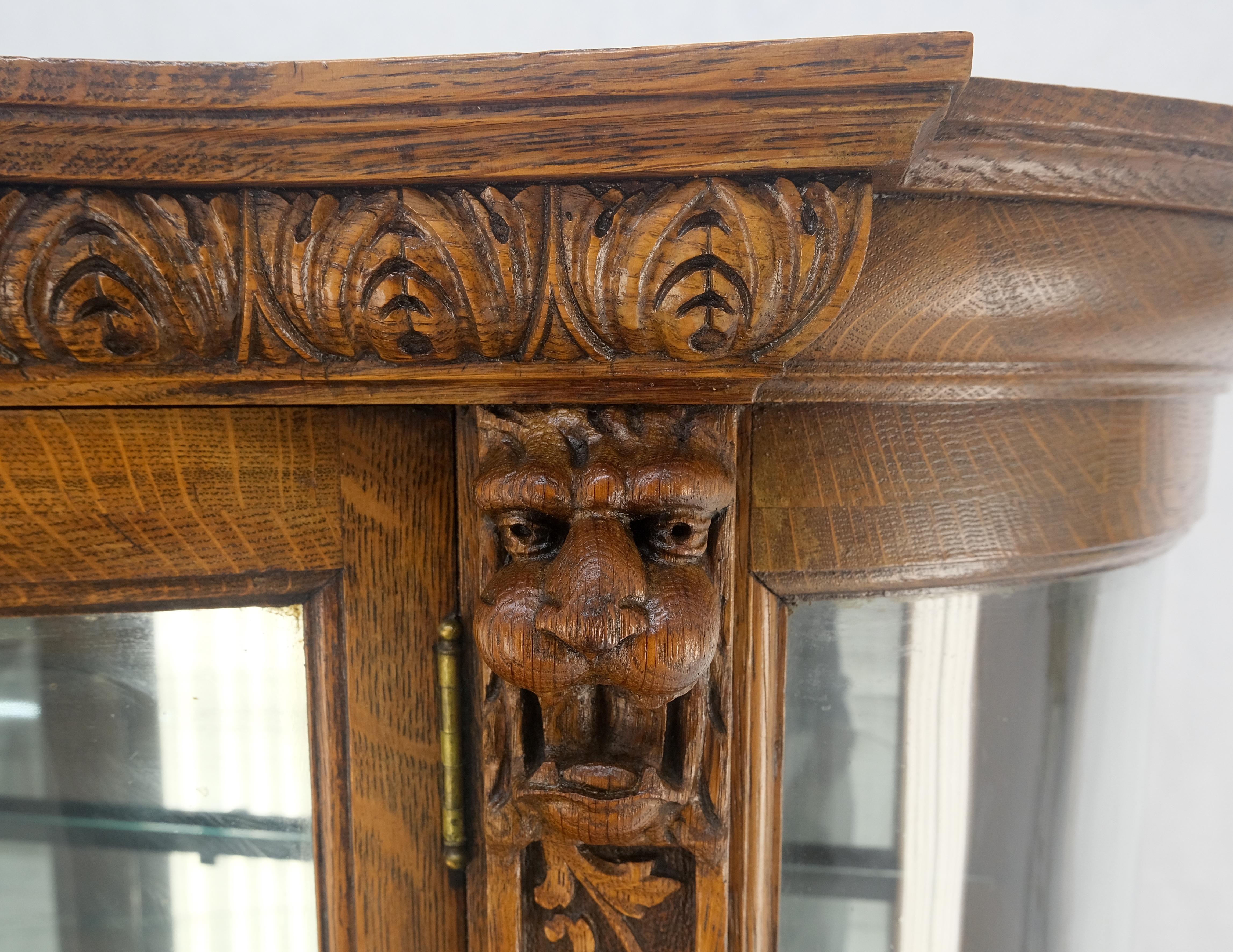 Fine Carved Tiger Oak Lion Feet & Head Curved Glass China Cabinet c1880s MINT! For Sale 1