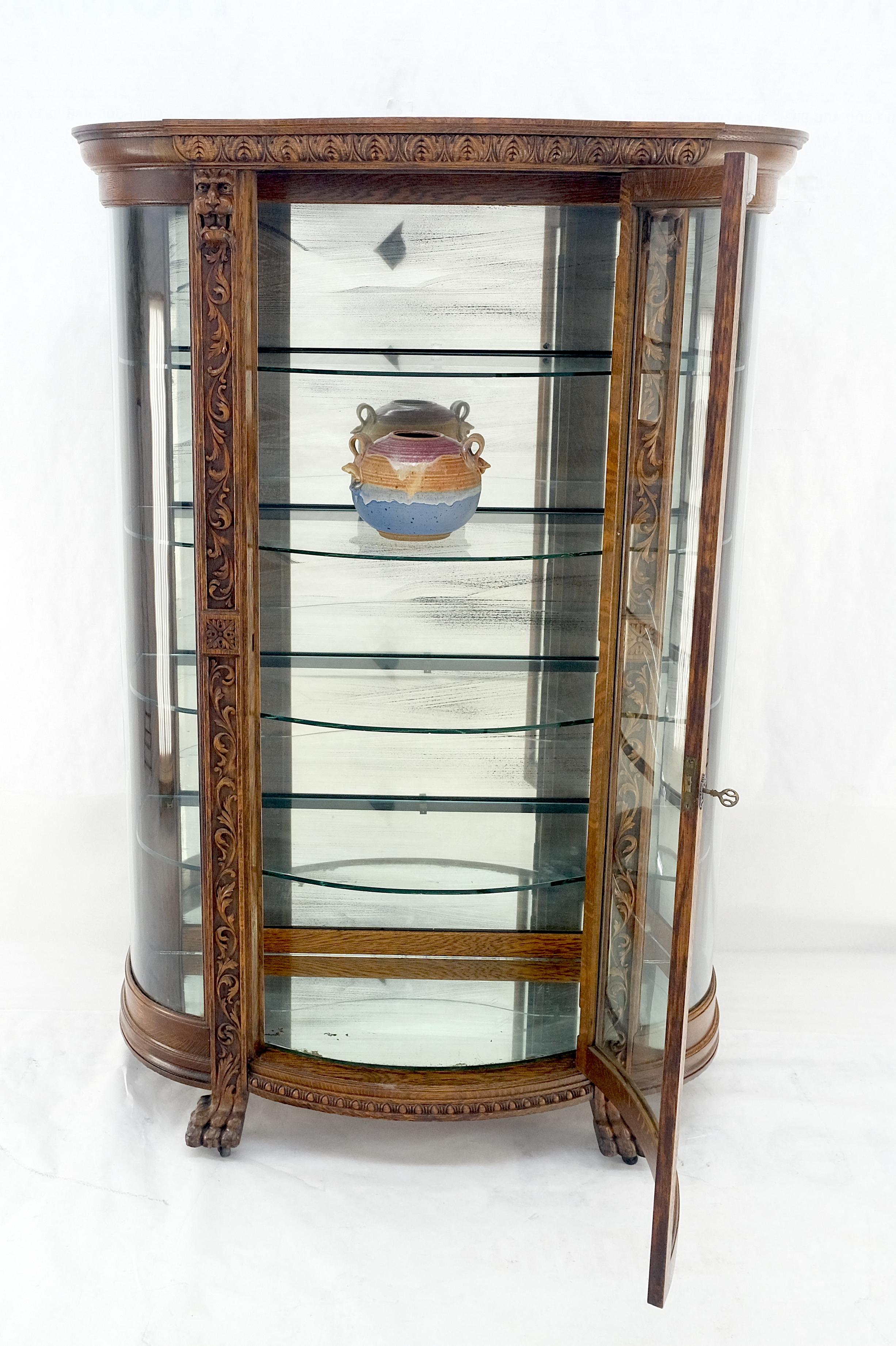 Fine Carved Tiger Oak Lion Feet & Head Curved Glass China Cabinet c1880s MINT! For Sale 2