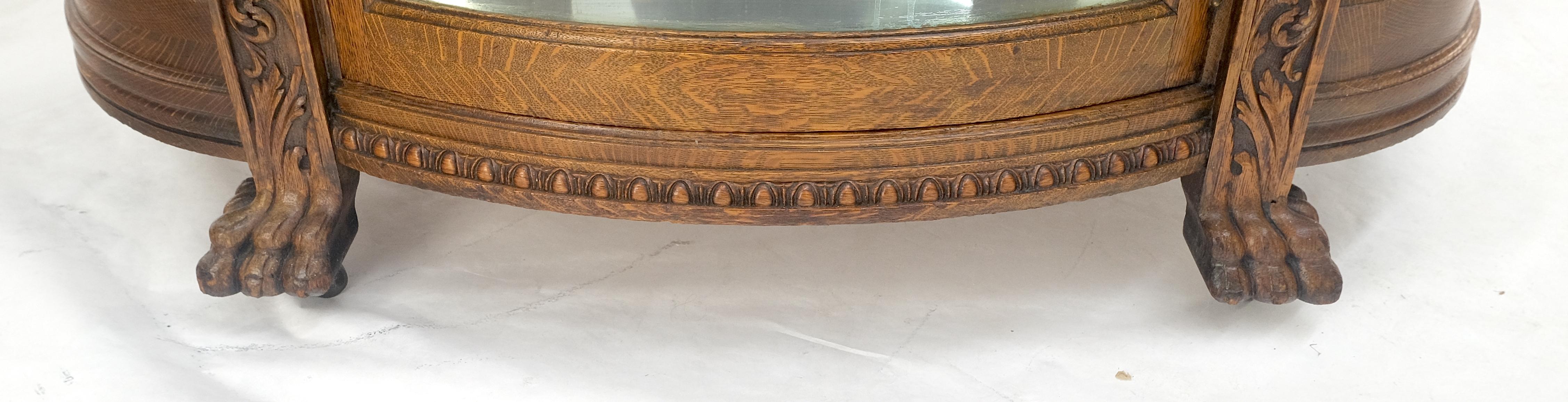 Fine Carved Tiger Oak Lion Feet & Head Curved Glass China Cabinet c1880s MINT! For Sale 3