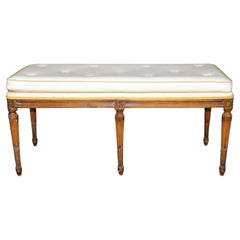 Fine Carved Walnut French Louis XVI Style Tufted Vinyl Upholstered Bench