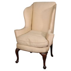 Fine Carved Walnut Georgian or Queen Anne Wingback Fireside Chair, Circa 1940