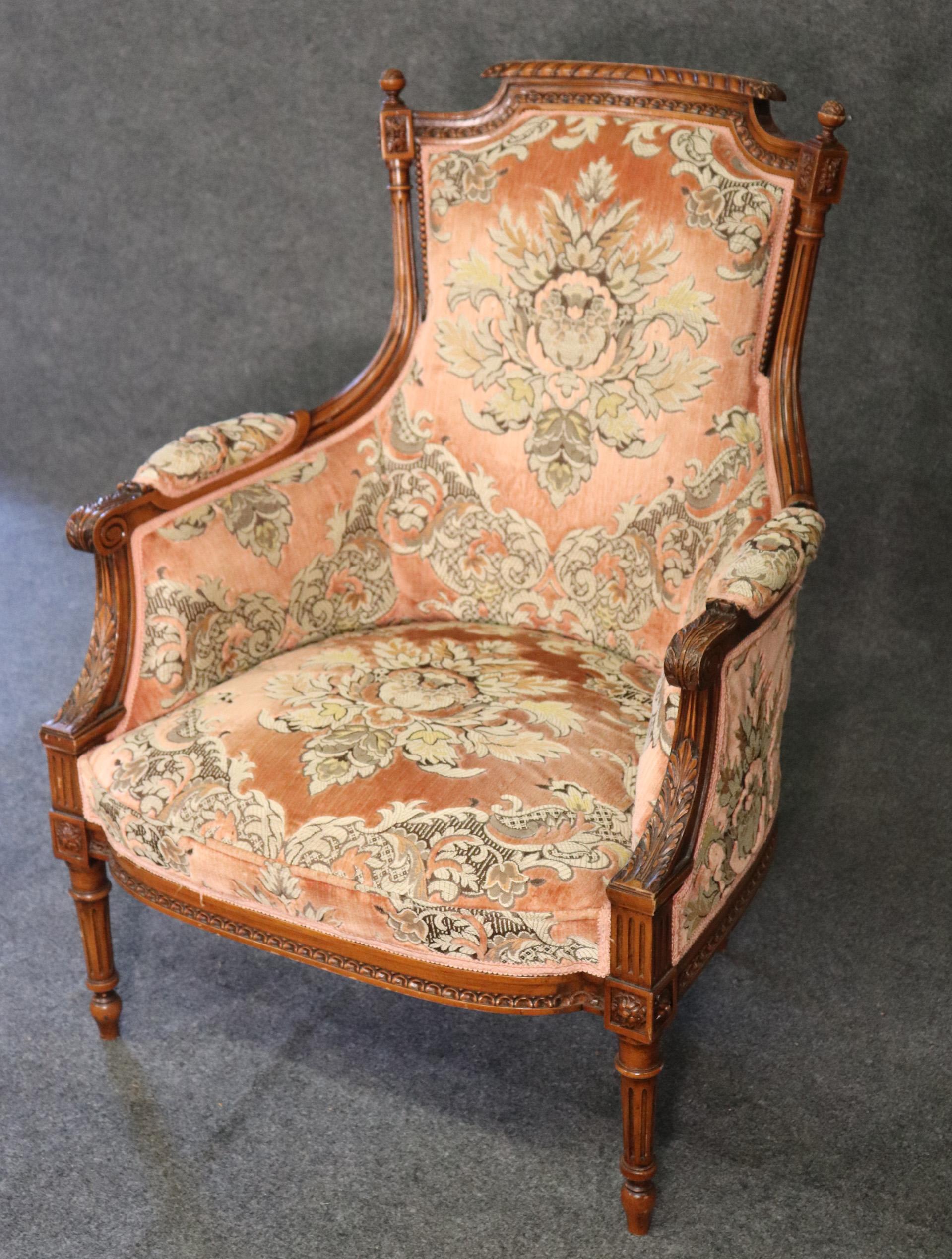 French Fine Carved Walnut Louis XVI Bergere Chair circa 1940
