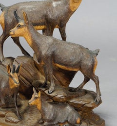 Fine Carved Wood Chamois Family by Ernst Heissl, circa 1900