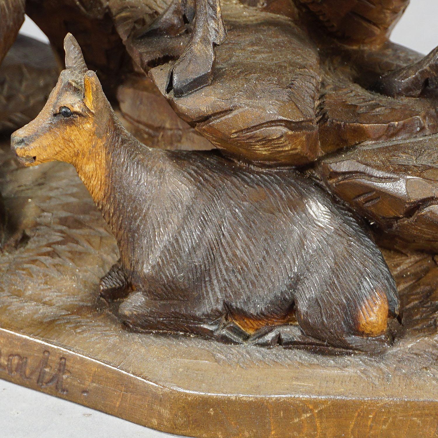 Black Forest Fine Carved Wood Chamois Family by Ernst Heissl, circa 1900 For Sale