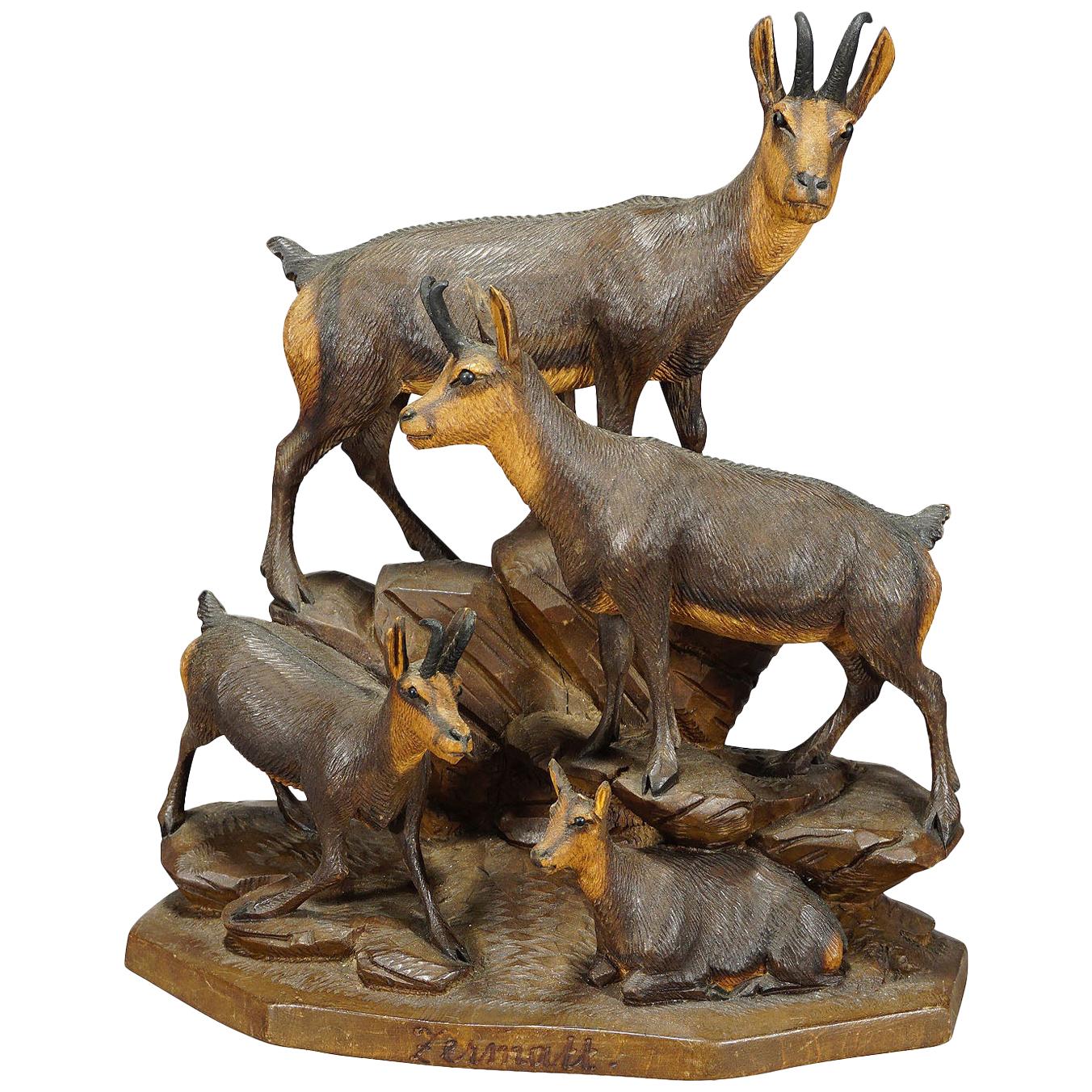 Fine Carved Wood Chamois Family by Ernst Heissl, circa 1900 For Sale