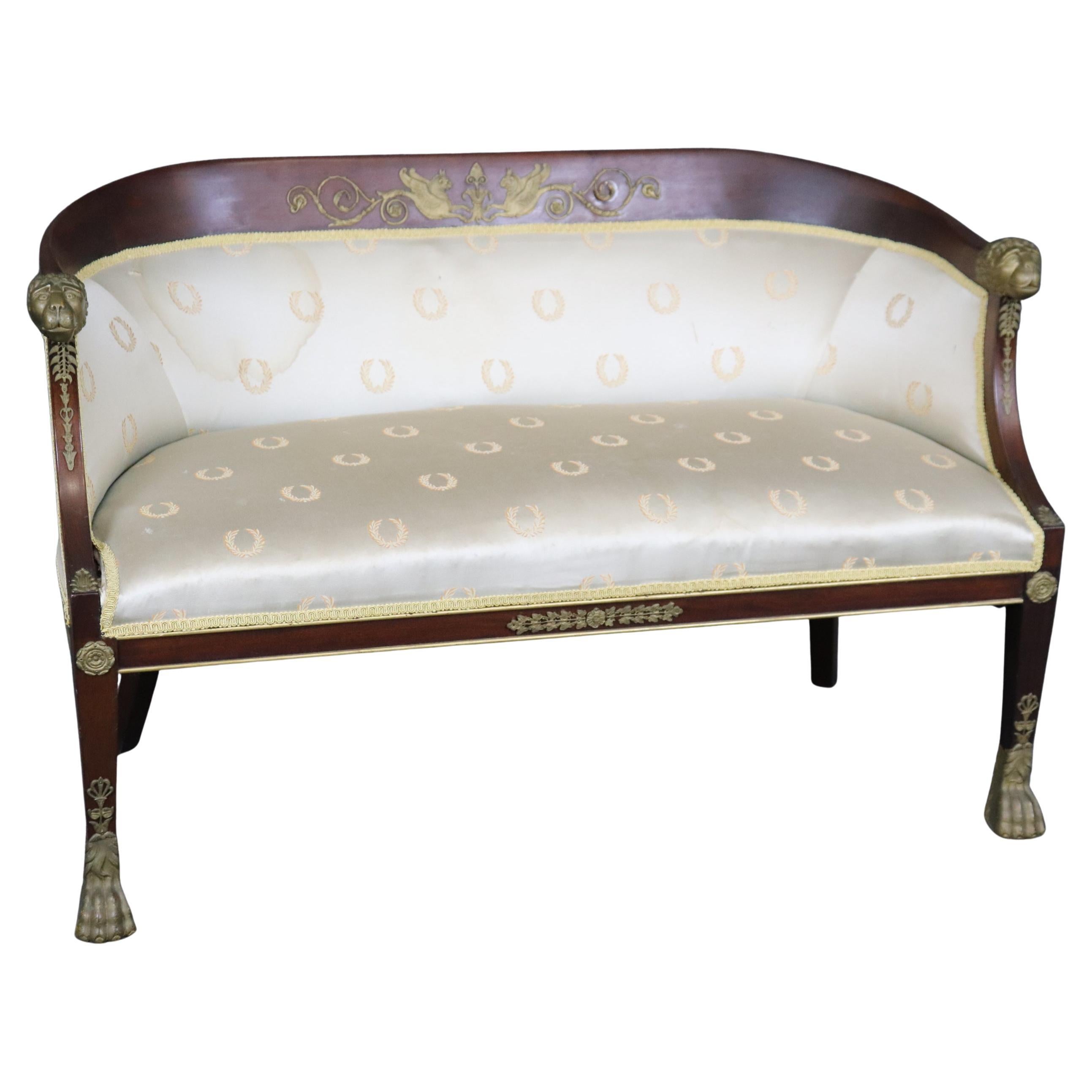 Fine Cast Bronze French Empire Dog Head and Dragons Mahogany Settee For Sale