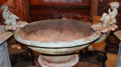 Fine Cast Iron Garden Urn with Cherub & Cornucopia Handles on Decorated Pedestal