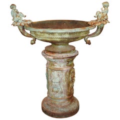 Fine Cast Iron Garden Urn with Cherub & Cornucopia Handles on Decorated Pedestal